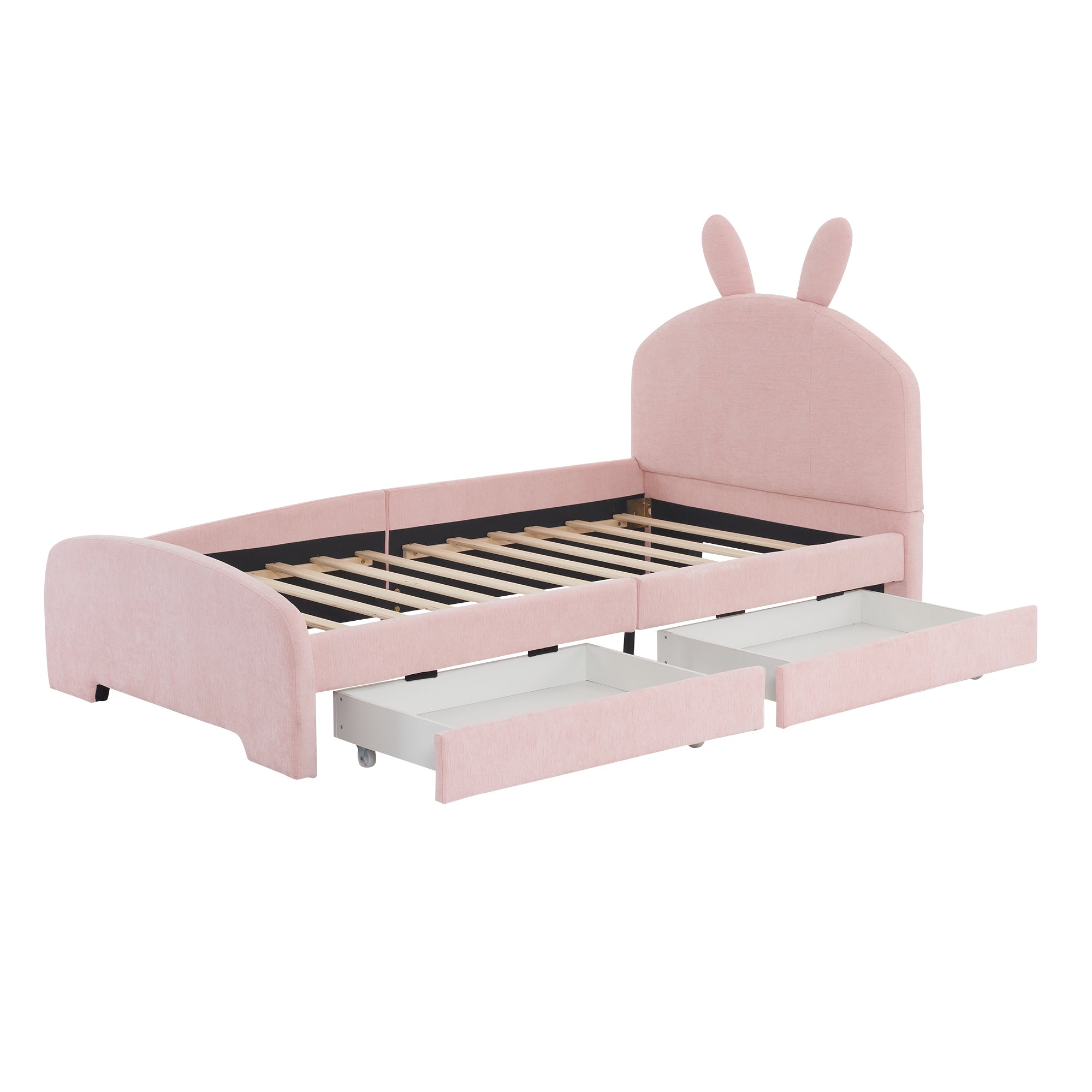 Twin Size Upholstered Platform Bed with Cartoon Ears Shaped Headboard and 2 Drawers, Pink - Atlantic Fine Furniture Melbourne FL