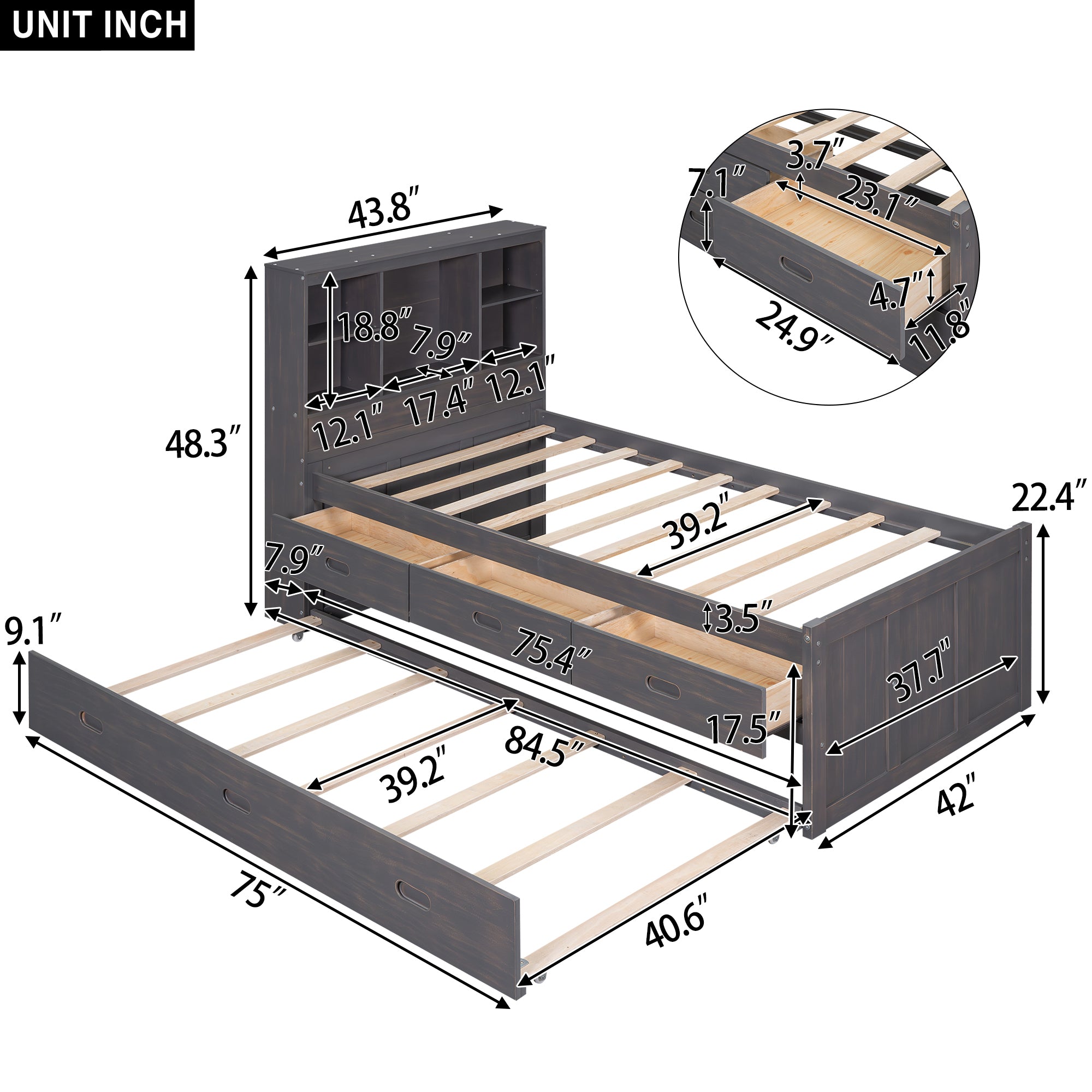 Twin Size Platform Bed with Storage Headboard, Charging Station, Twin Size Trundle and 3 Drawers, Antique Brown - Atlantic Fine Furniture Melbourne FL