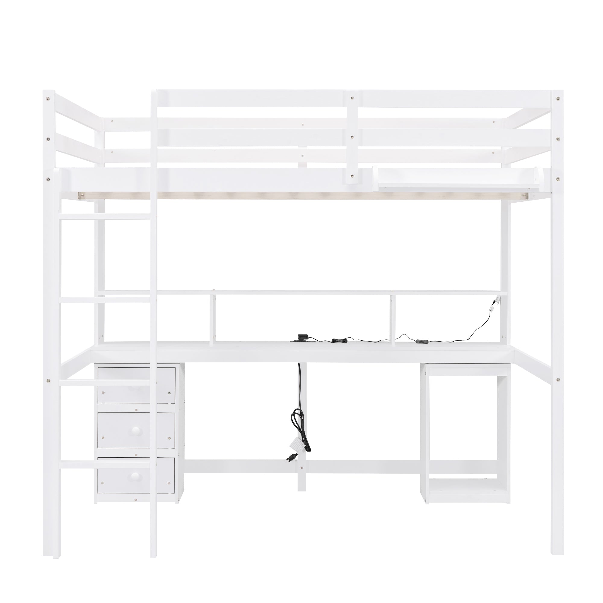 Full Size Loft Bed with Multi-storage Desk, LED light and Bedside Tray, Charging Station, White - Atlantic Fine Furniture Melbourne FL