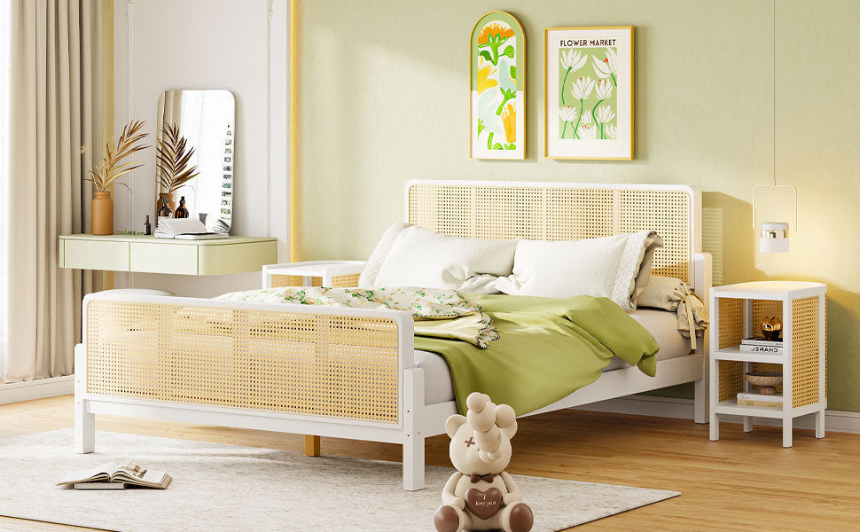 3 Pieces Rattan Platform Full Size Bed With 2 Nightstands,White - Atlantic Fine Furniture Melbourne FL