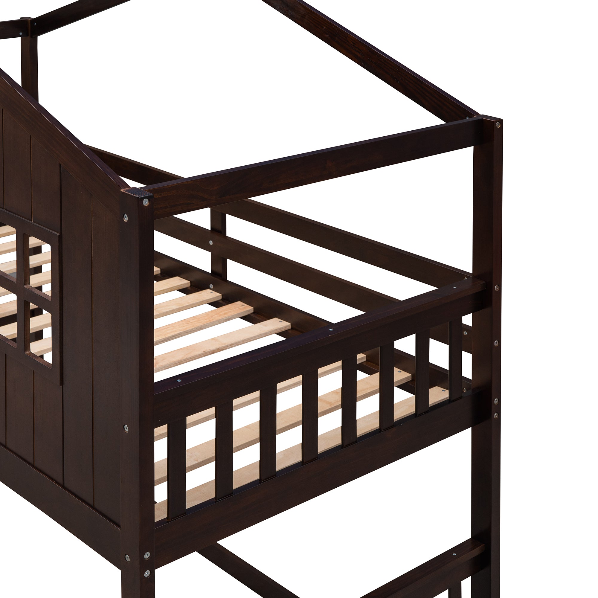 Twin Over Twin House Bunk Bed With Ladder, Wood Bed-Espresso - Atlantic Fine Furniture Melbourne FL