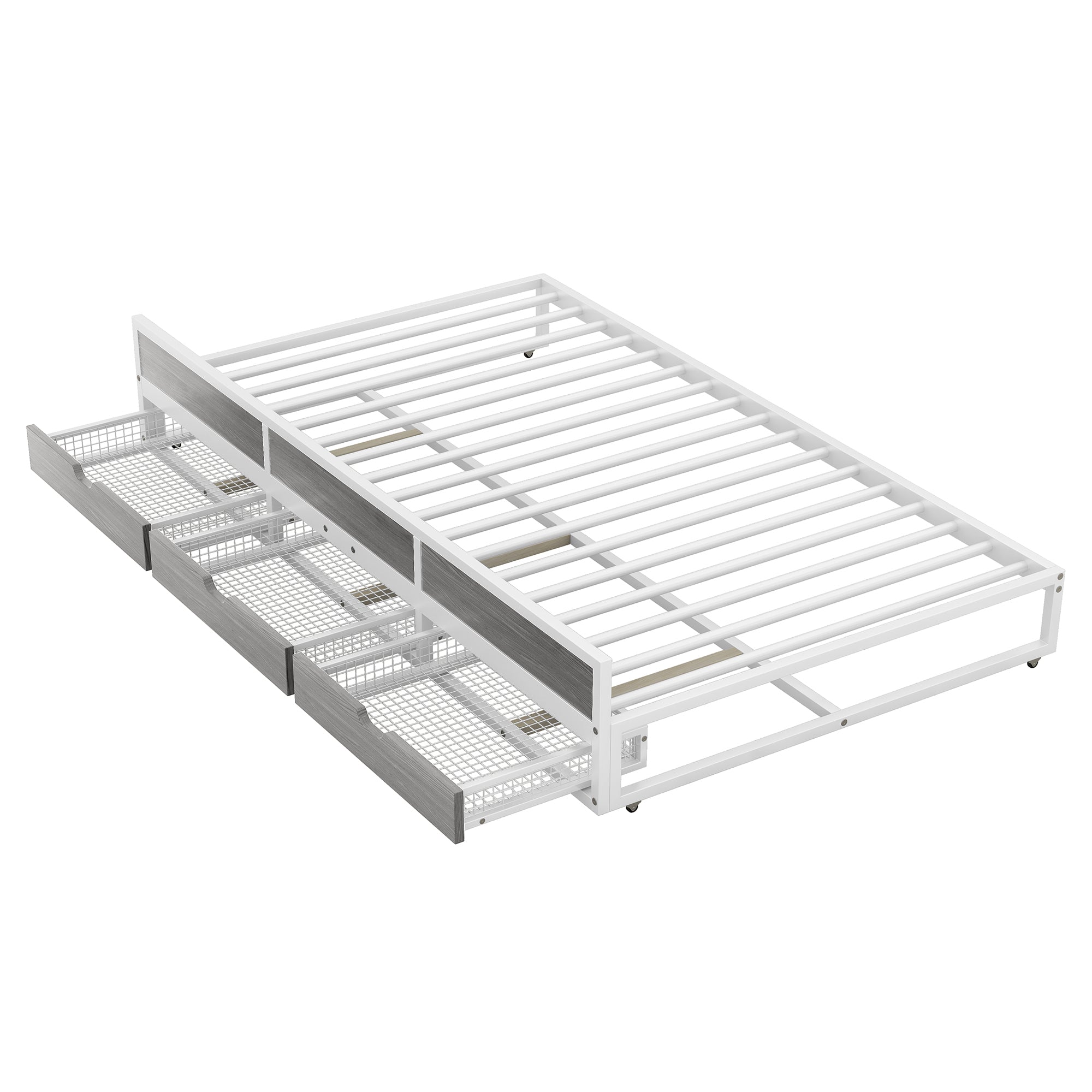 Queen Size Metal Canopy Platform Bed with Twin Size Trundle and 3 Storage Drawers, White - Atlantic Fine Furniture Melbourne FL