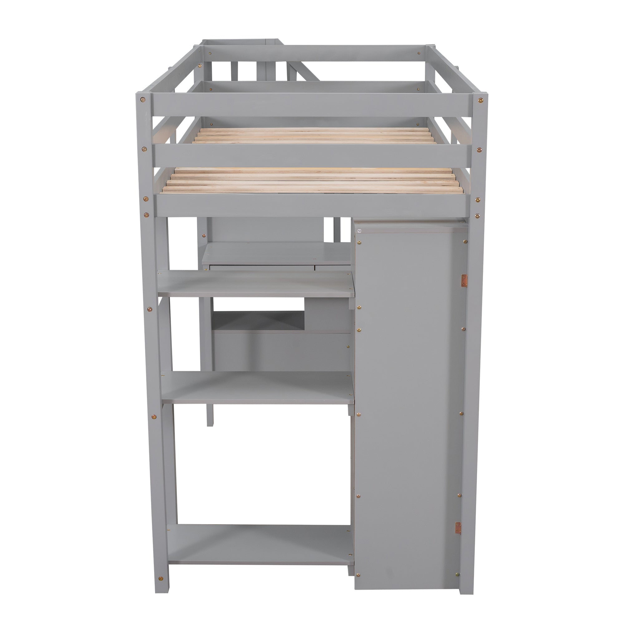 Twin size Loft Bed with Storage Drawers ,Desk and Stairs, Wooden Loft Bed with Shelves - Gray - Atlantic Fine Furniture Melbourne FL