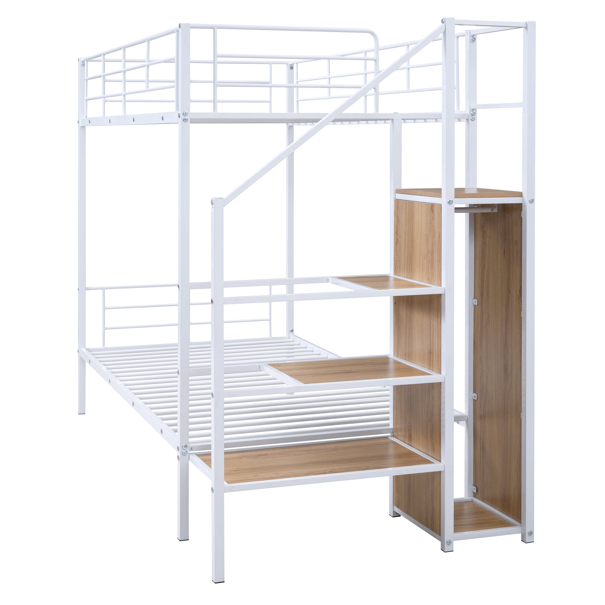 Twin Over Twin Metal Bunk Bed with Lateral Storage Ladder and Wardrobe, White - Atlantic Fine Furniture Melbourne FL