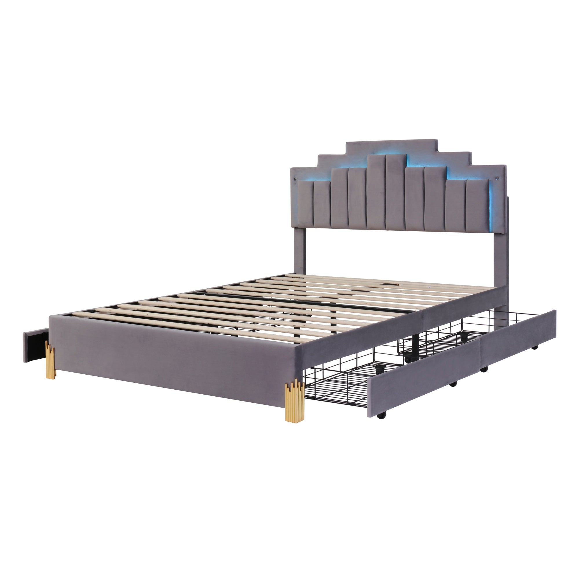 Queen Size Upholstered Platform Bed with LED Lights and 4 Drawers, Stylish Irregular Metal Bed Legs Design, Gray - Atlantic Fine Furniture Melbourne FL