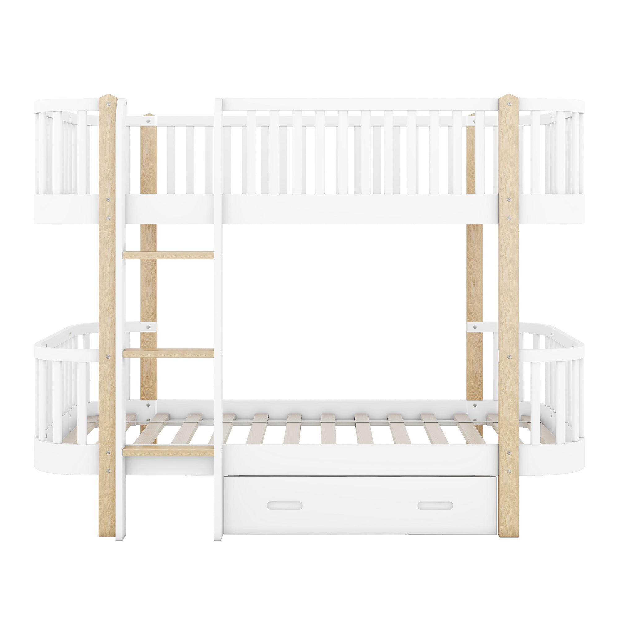 Wood Twin over Twin Bunk Bed with Fence Guardrail and a Big Drawer, White - Atlantic Fine Furniture Melbourne FL