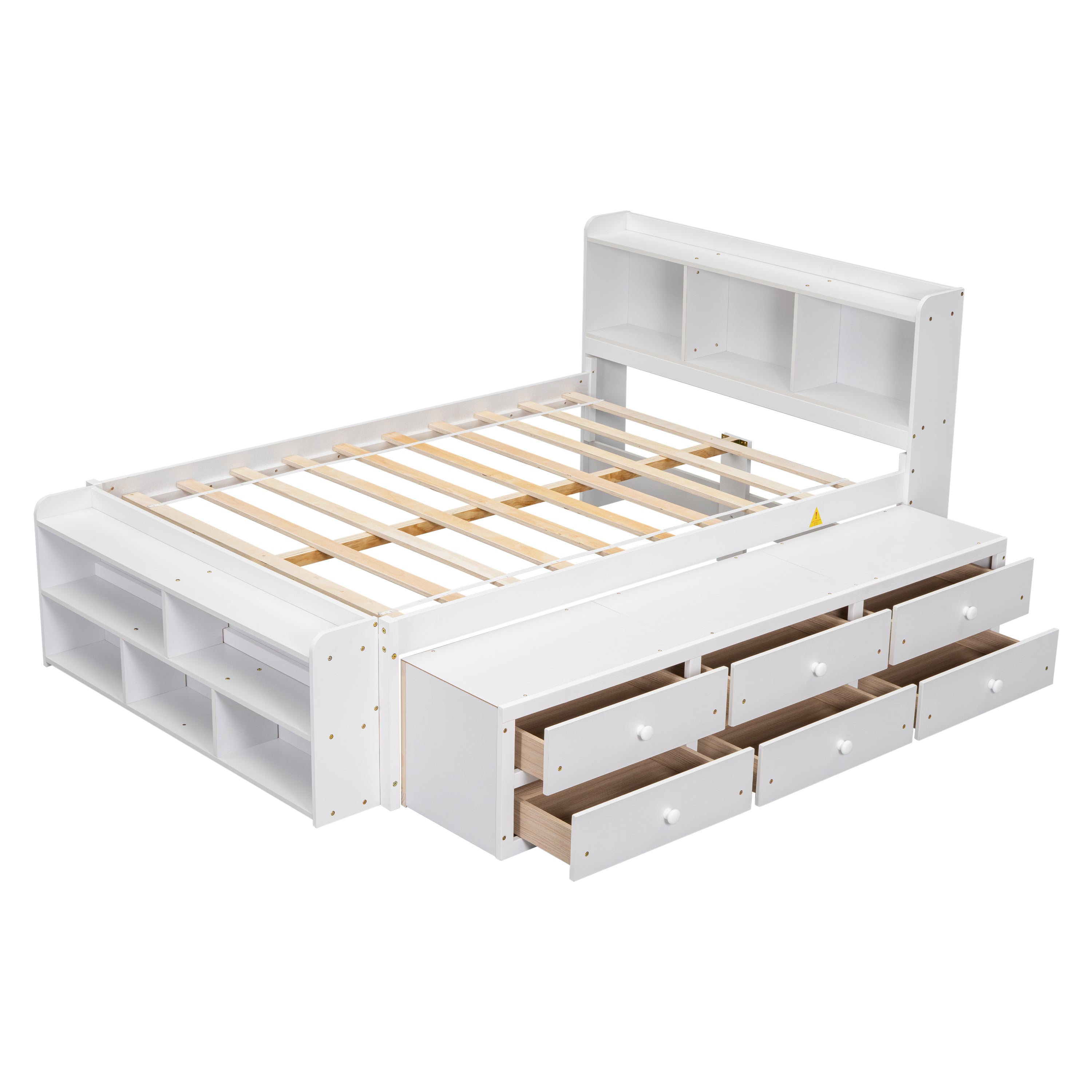 Full Bed with Bookcase Headboard, Under bed Storage Drawers and Bed End Storage Case,White
