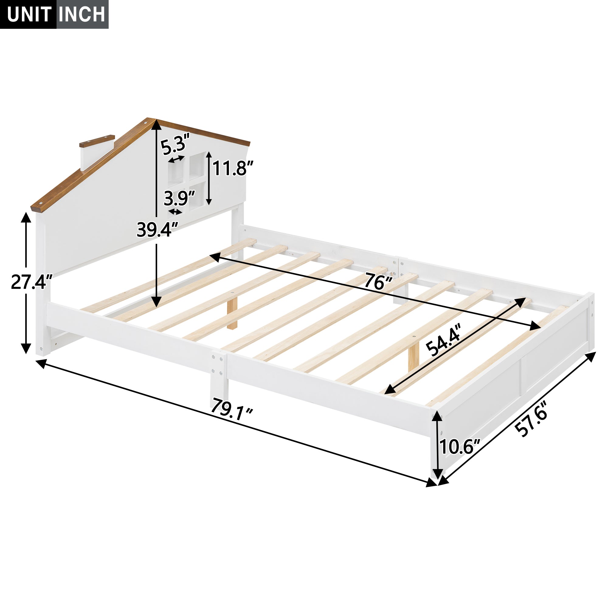 Full Size Wood Platform Bed with House-shaped Headboard and Built-in LED, Walnut+White - Atlantic Fine Furniture Melbourne FL