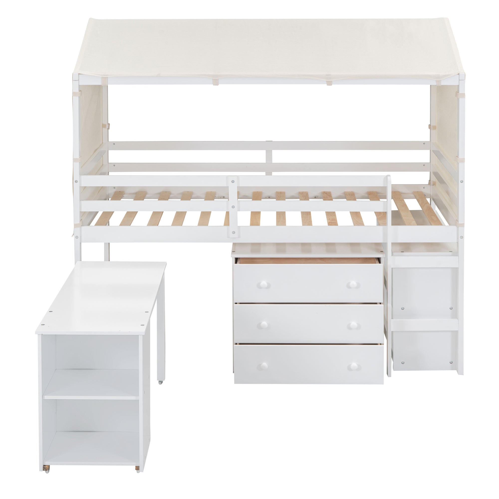 Twin Size Loft Bed with Rolling Cabinet, Shelf and Tent - White - Atlantic Fine Furniture Melbourne FL