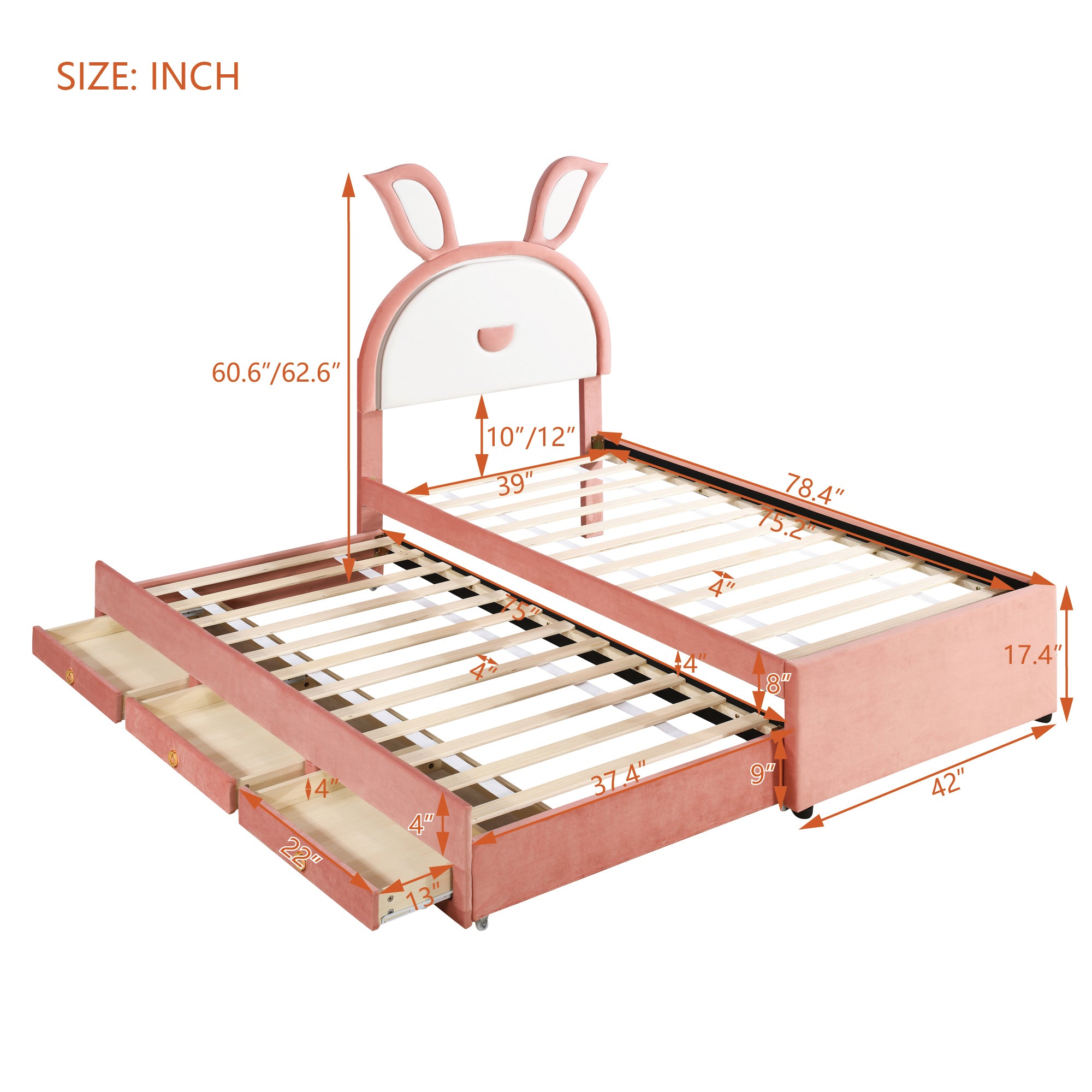 Twin Size Upholstered Platform Bed with Trundle and 3 Drawers, Rabbit-Shaped Headboard with Embedded LED Lights, Pink - Atlantic Fine Furniture Melbourne FL
