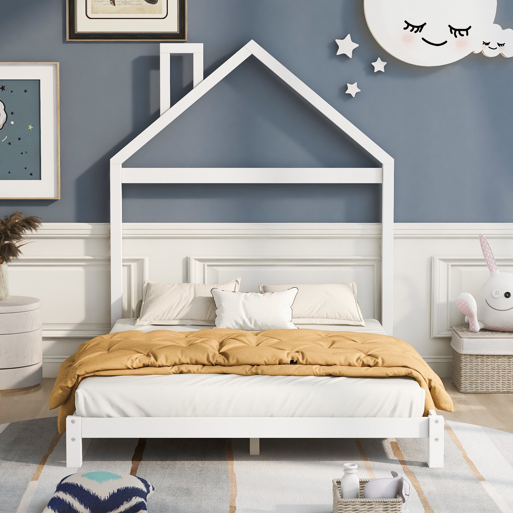 Full Size Wood Platform Bed with House-shaped Headboard (White)