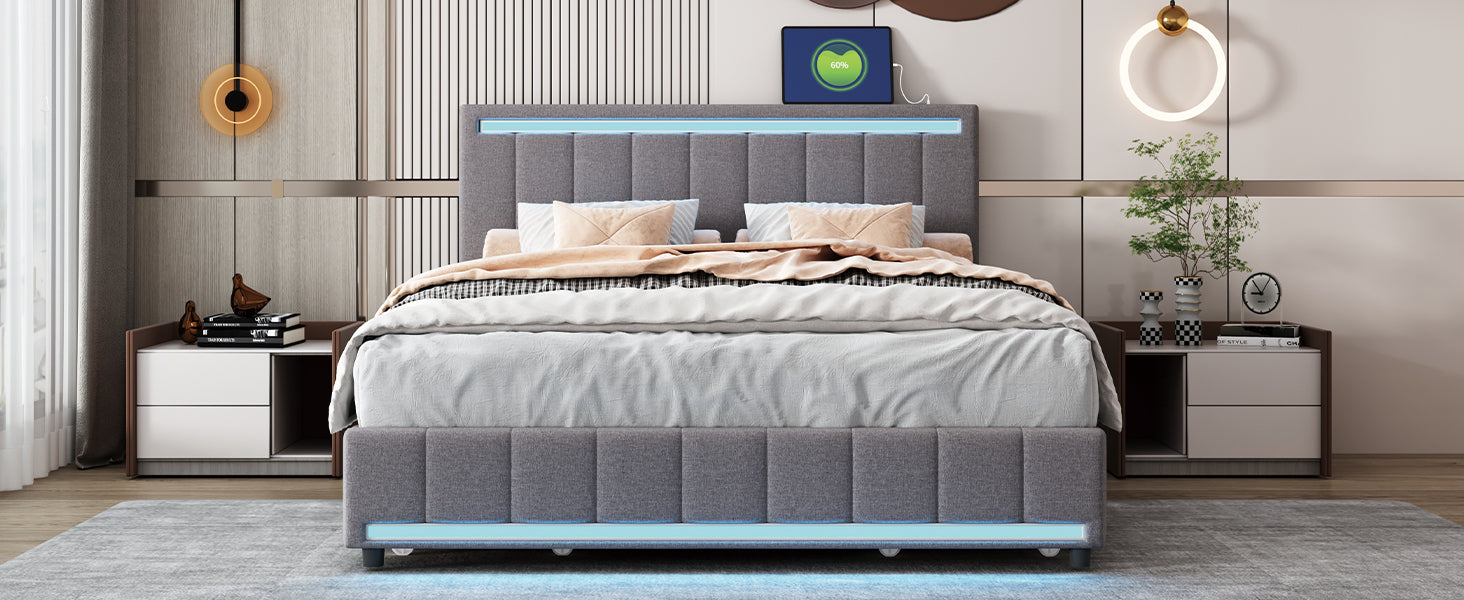 Queen Size Upholstered Bed with LED Light and 4 Drawers, Modern Platform Bed with a set of Sockets and USB Ports, Linen Fabric, Beige - Atlantic Fine Furniture Melbourne FL
