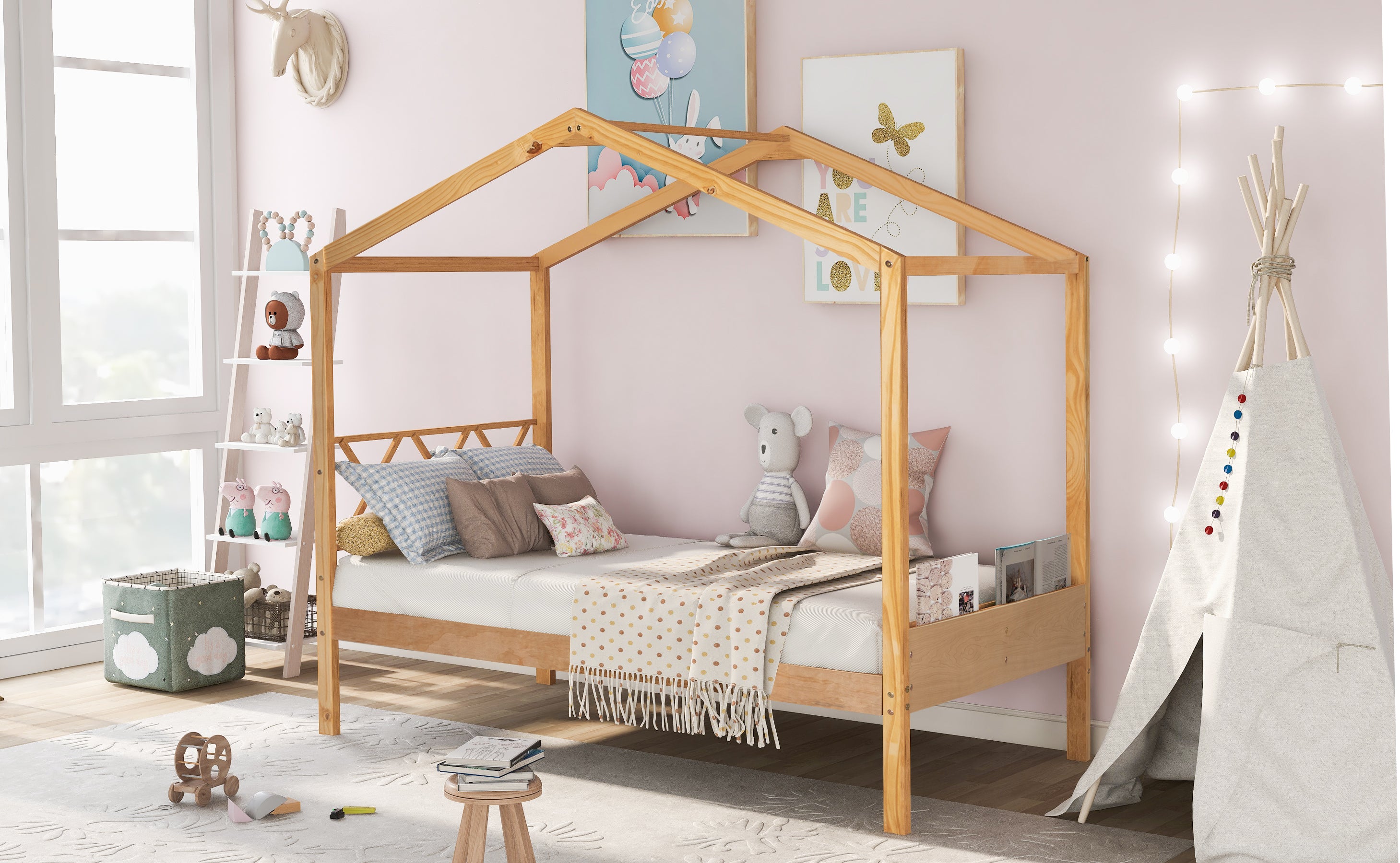 Twin Size Wood House Bed with Storage Space, Natural(OLD SKU: LP000001AAM) - Atlantic Fine Furniture Melbourne FL