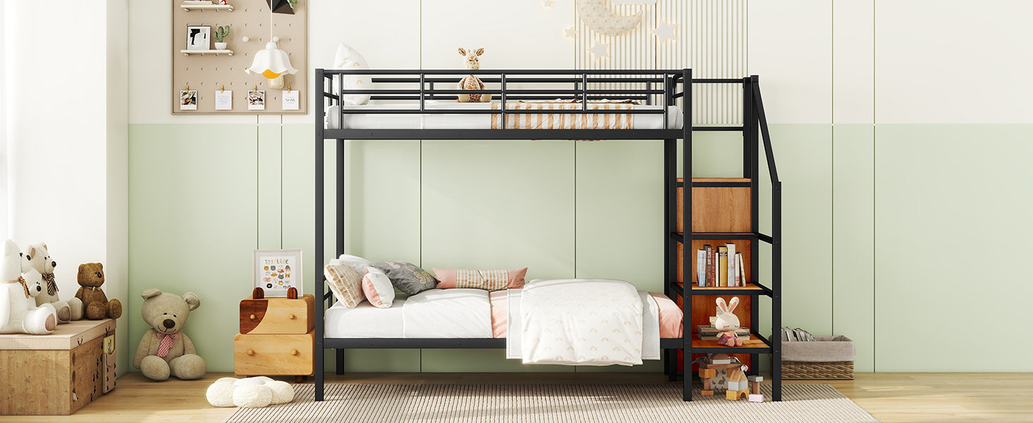 Twin Over Twin Metal Bunk Bed with Lateral Storage Ladder and Wardrobe, Black - Atlantic Fine Furniture Melbourne FL