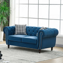 Chesterfield Velvet Fabric Sofa With Roll Armrest And Nailhead, Mid Century 2 Seater Couch In Blue