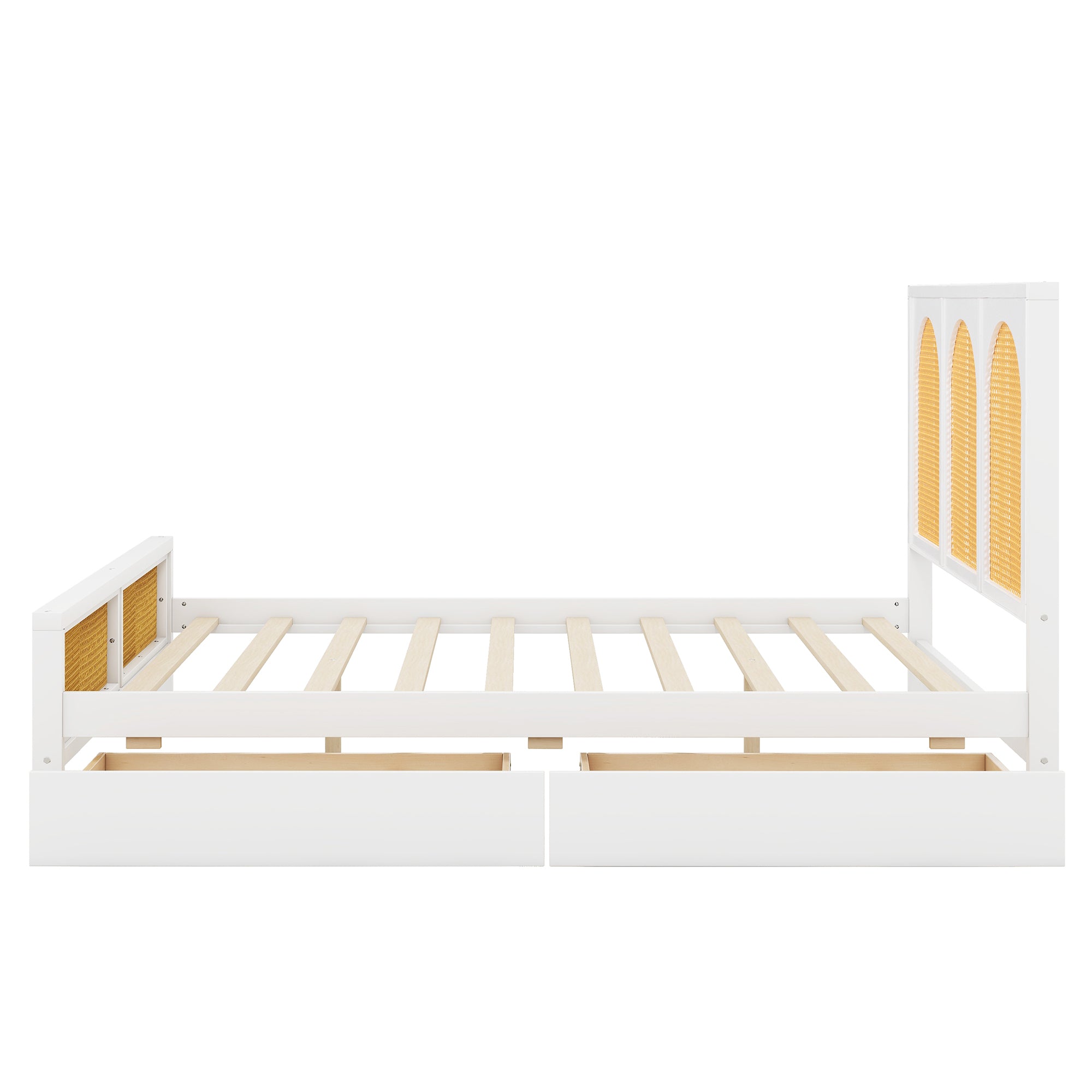 Queen Size Wood Storage Platform Bed with 2 Drawers, Rattan Headboard and Footboard, White - Atlantic Fine Furniture Melbourne FL