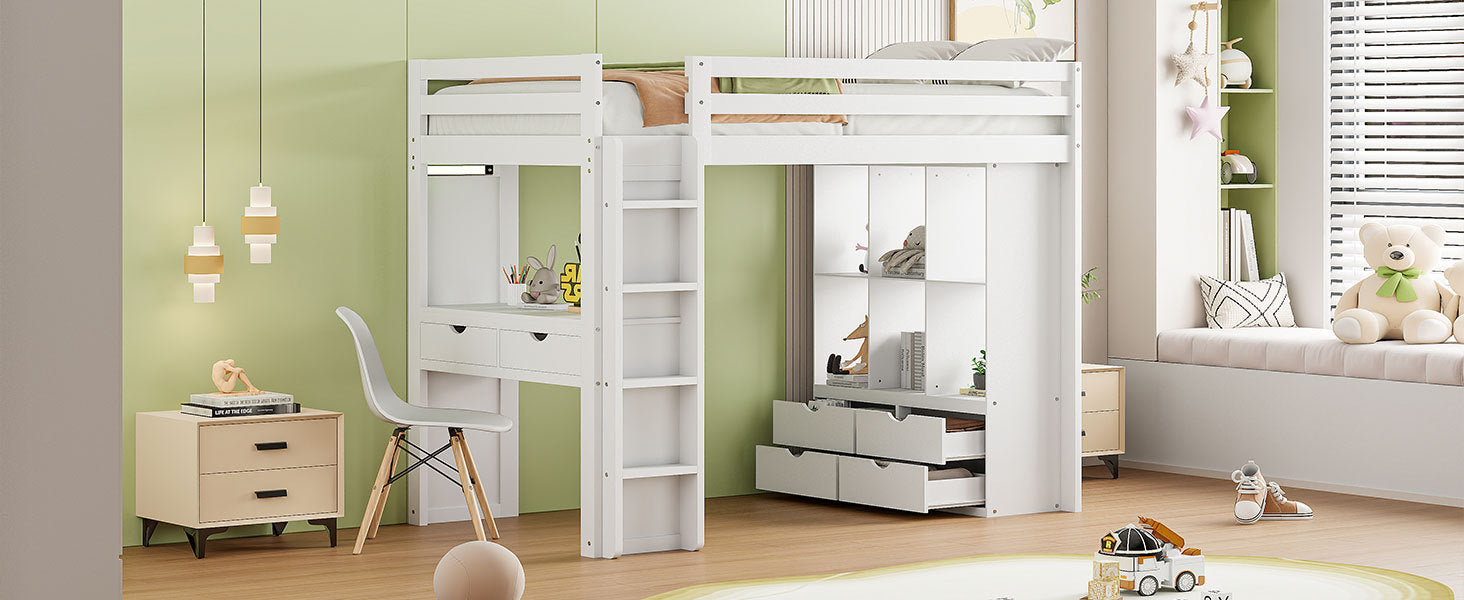 Twin Size Loft Bed with large shelves, writing desk and LED Light, White - Atlantic Fine Furniture Melbourne FL