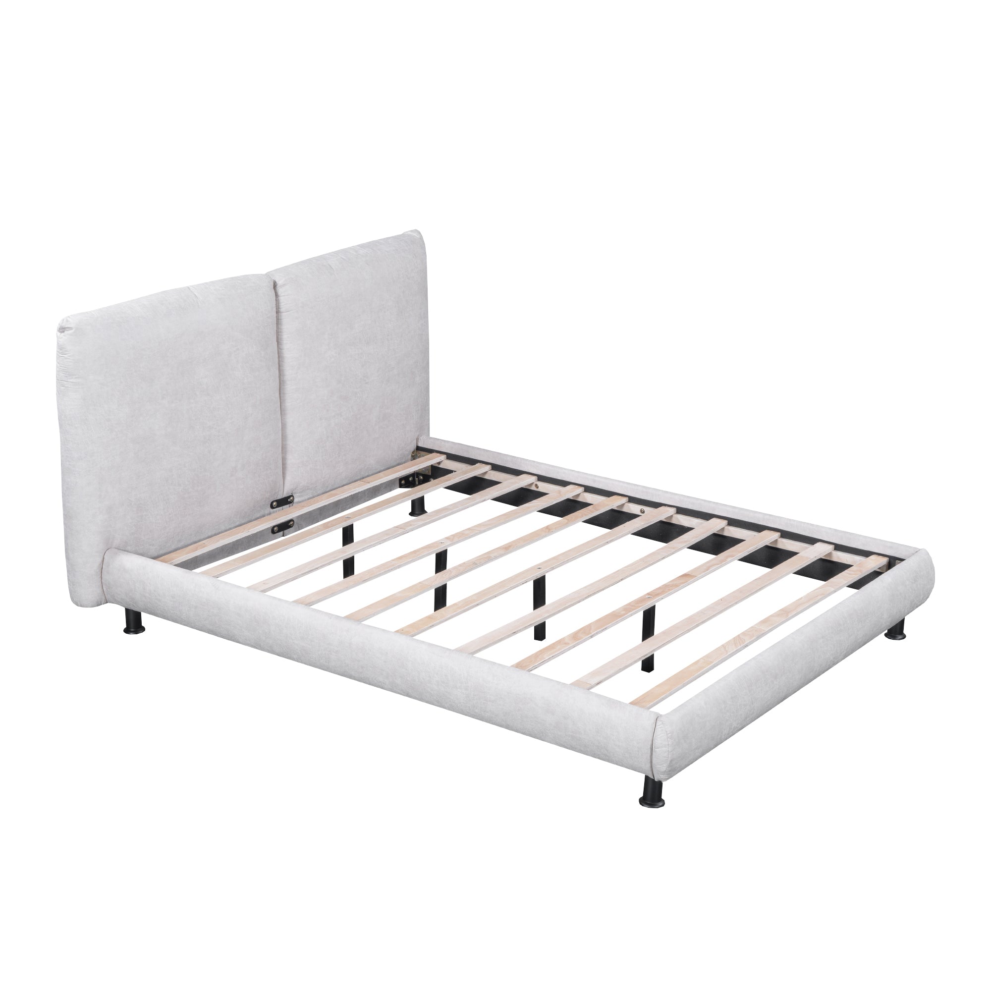 Queen Size Upholstered Platform Bed with Two Large Headrests and Thick Fabric, Polyester, Beige - Atlantic Fine Furniture Melbourne FL