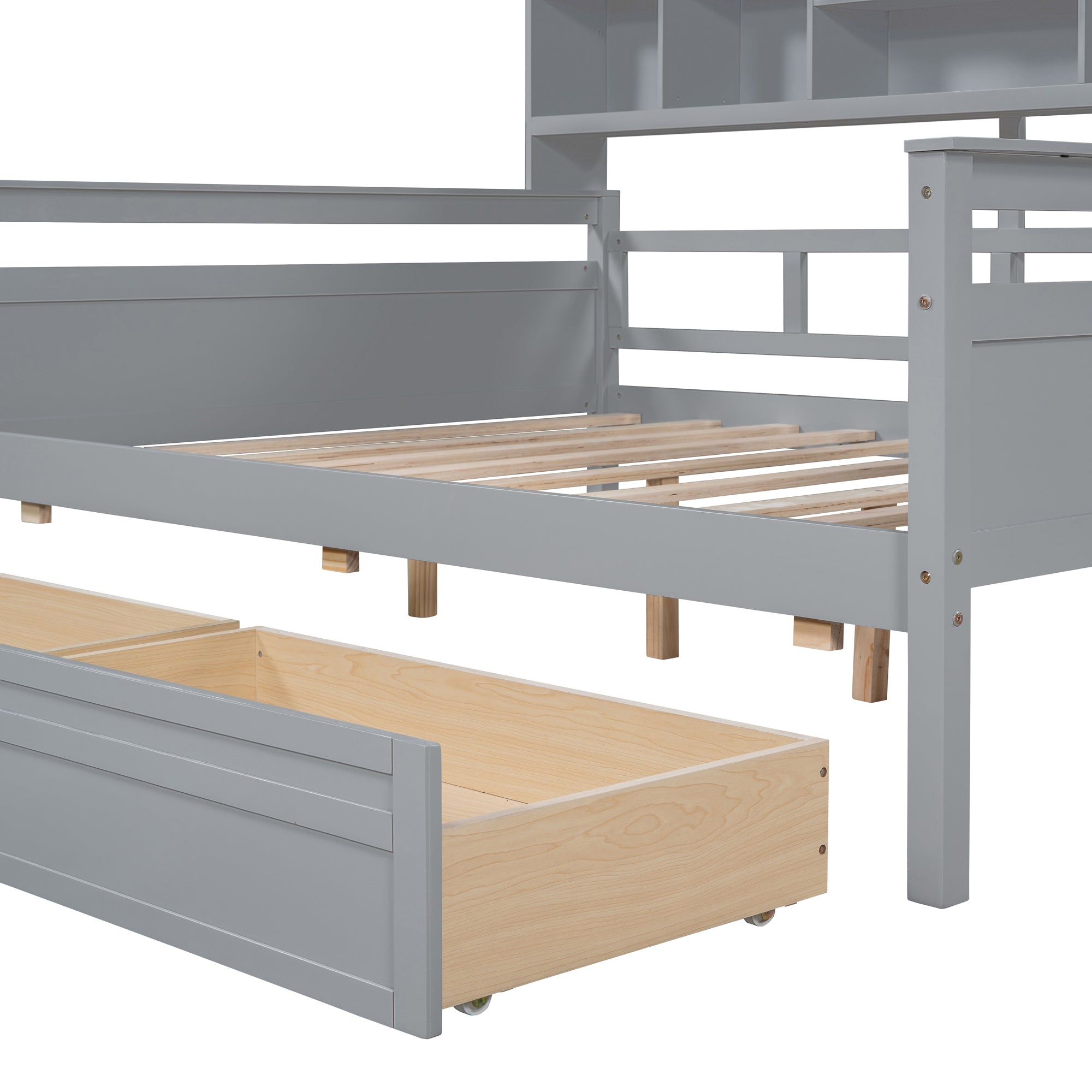 Full size Daybed, Wood Slat Support, with Bedside Shelf and Two Drawers, Gray - Atlantic Fine Furniture Melbourne FL