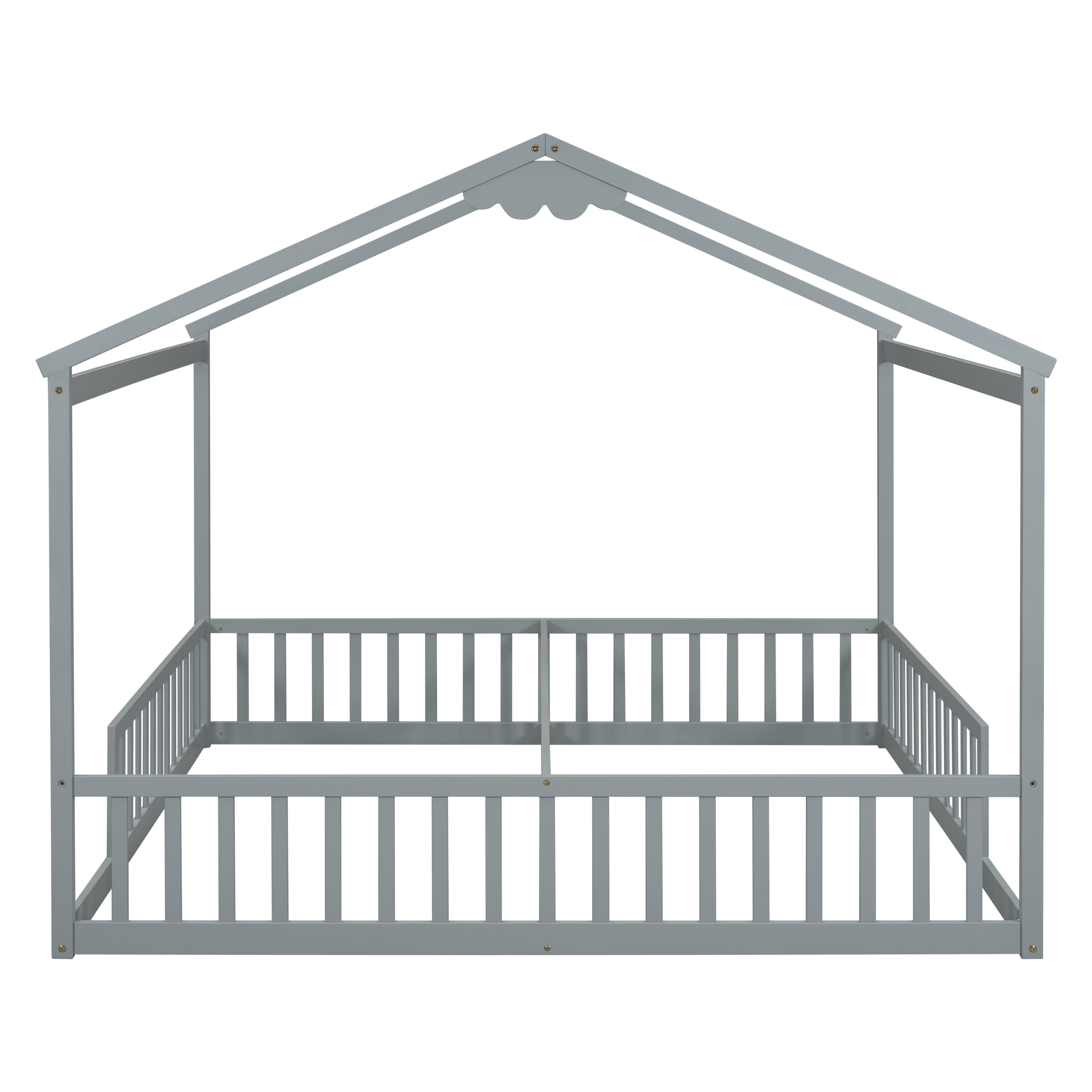 Double Twin House-Style Floor Bed with Fence, Guardrails, without door, Grey