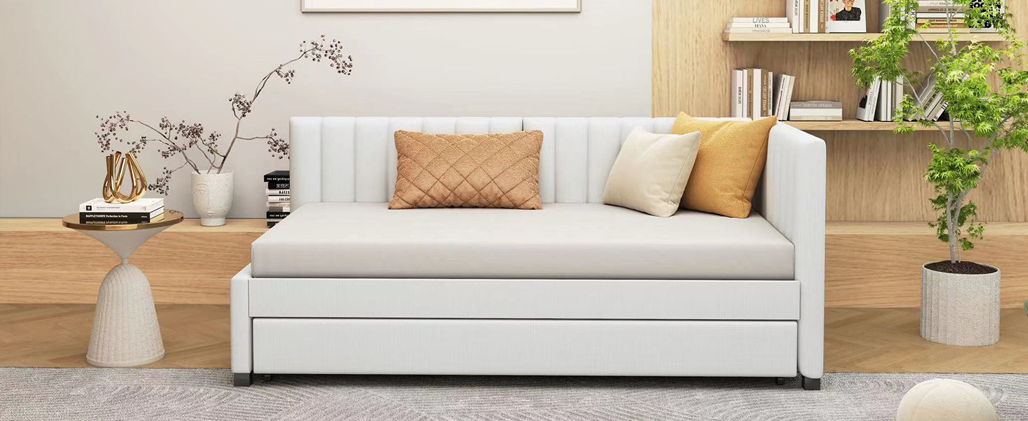 Upholstered Daybed with Trundle Twin Size Sofa Bed Frame No Box Spring Needed, Linen Fabric(Beige) - Atlantic Fine Furniture Melbourne FL
