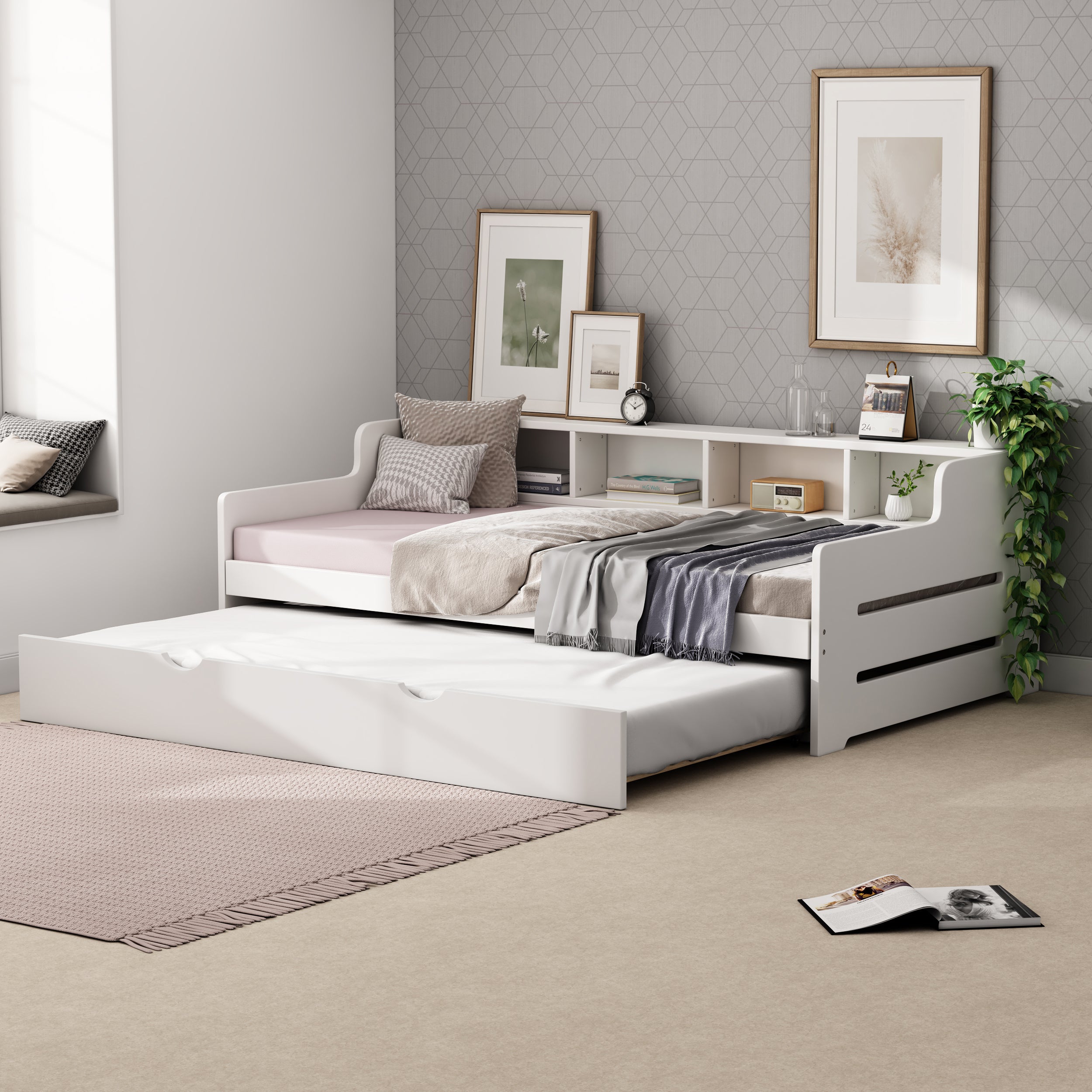 Twin Size Wooden Day Bed with Trundle for Guest Room, Small Bedroom, Study Room, White - Atlantic Fine Furniture Melbourne FL