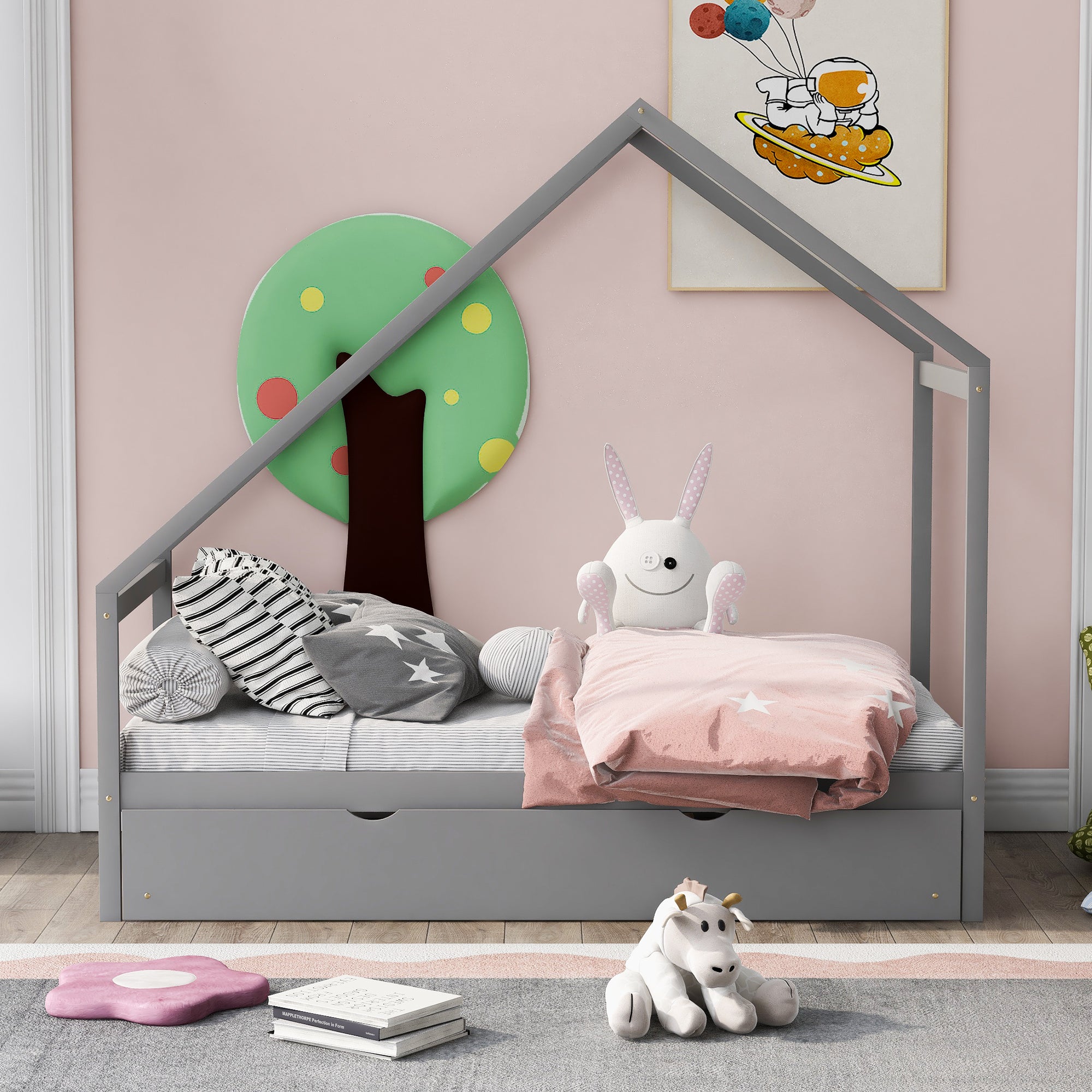 Twin Size Wooden House Bed With Twin Size Trundle, Gray - Atlantic Fine Furniture Melbourne FL