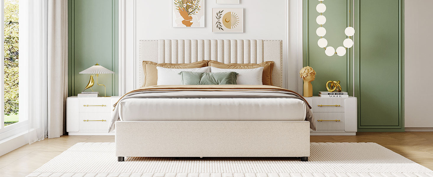 Queen Size Upholstered Platform Bed with 2 Drawers and 1 Twin XL Trundle, Classic Headboard Design, Beige - Atlantic Fine Furniture Melbourne FL