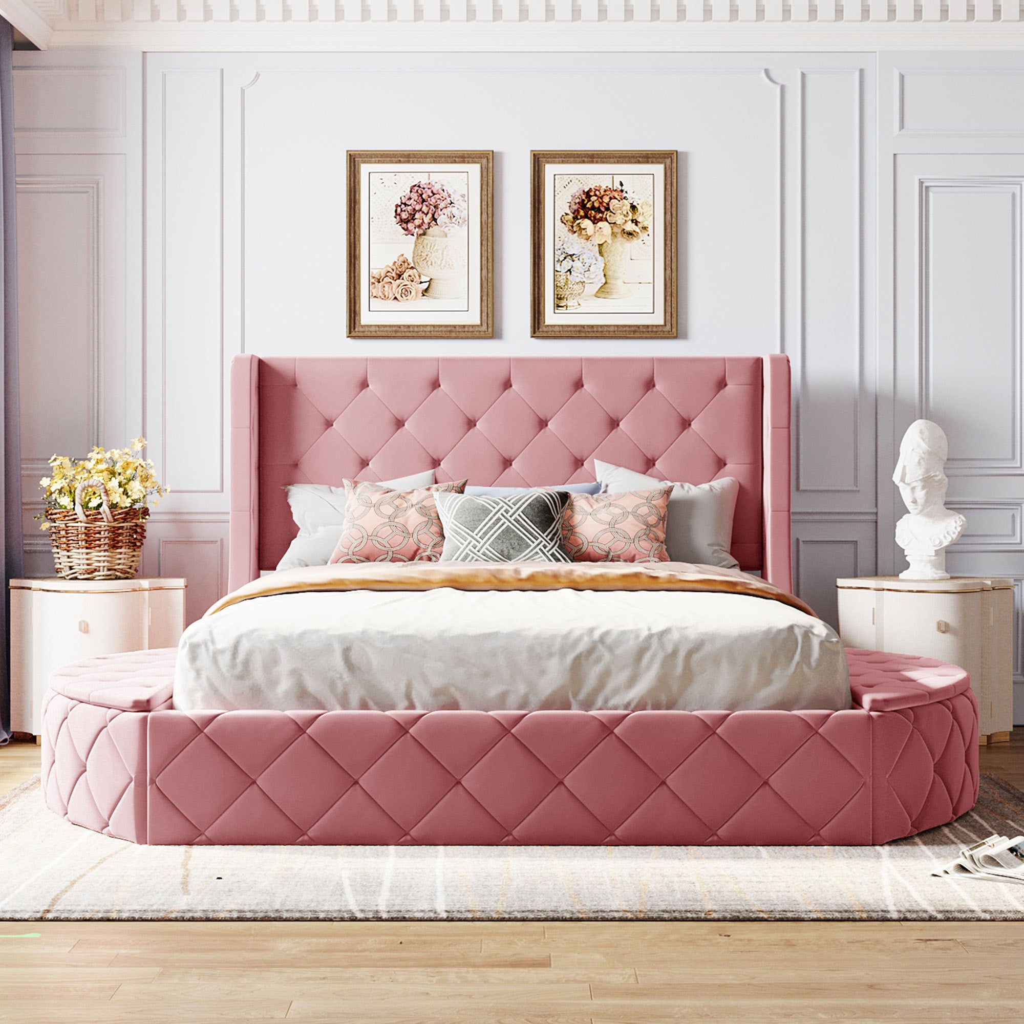 Upholstered Platform Bed Queen Size Storage Velvet Bed with Wingback Headboard and 1 Big Drawer,2 Side Storage Stool(Pink) - Atlantic Fine Furniture Melbourne FL