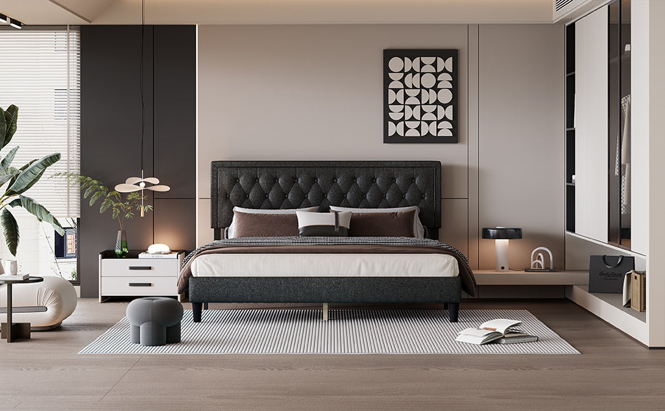 King size Panel Bed Frame with Adjustable Button-Tufted Headboard for Bedroom/Linen Upholstered/Wood Slat Support/Easy Assembly,Dark Grey