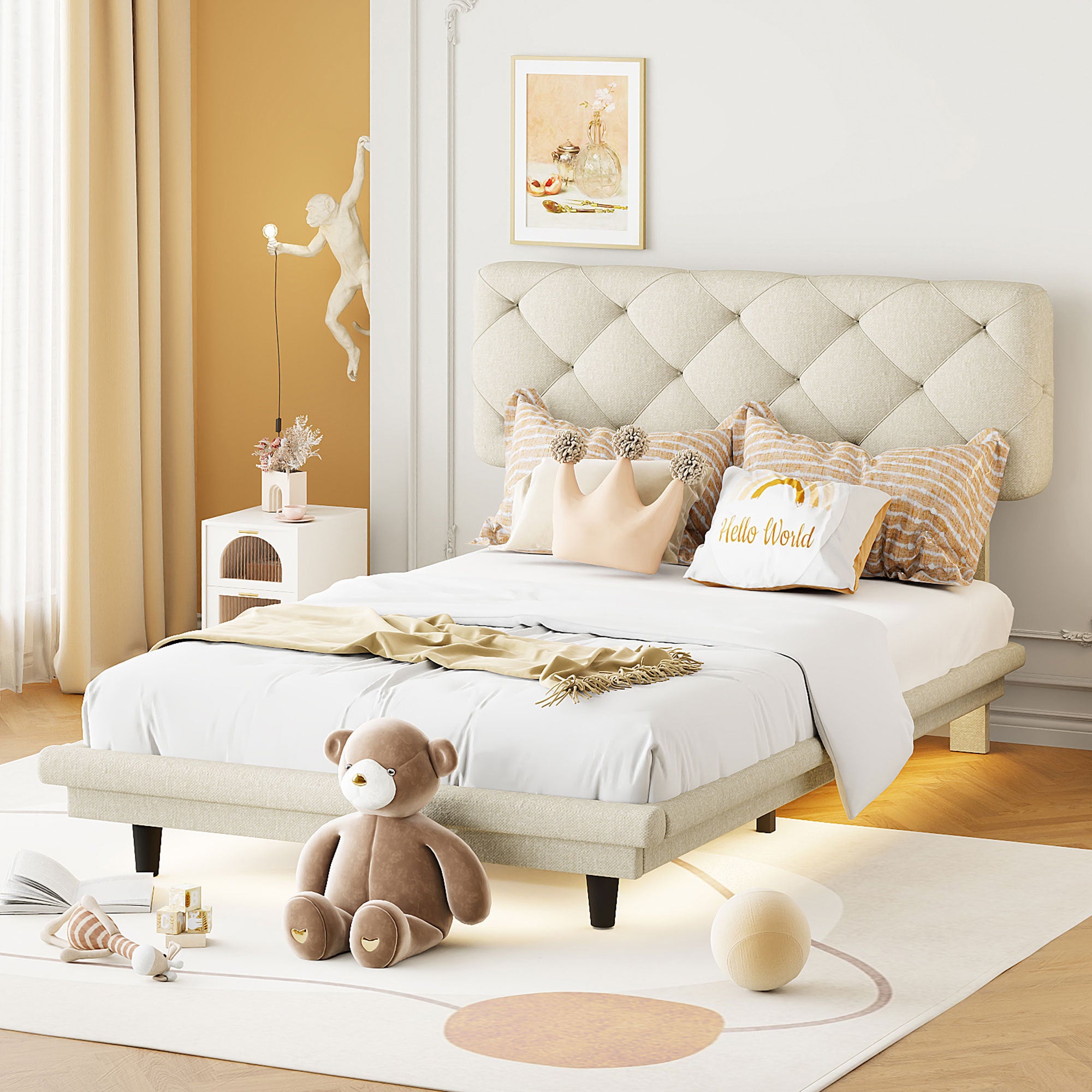Twin Size Upholstered Bed with Light Stripe, Floating Platform Bed, Linen Fabric,Beige - Atlantic Fine Furniture Melbourne FL