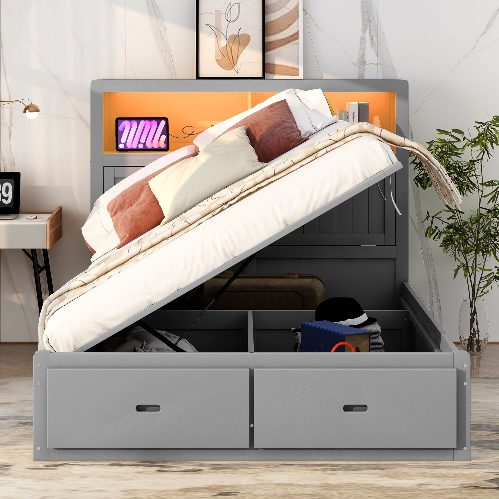 Wood Queen Size Hydraulic Platform Bed with Storage LED Headboard, Charging Station and 2 Drawers, Gray - Atlantic Fine Furniture Melbourne FL