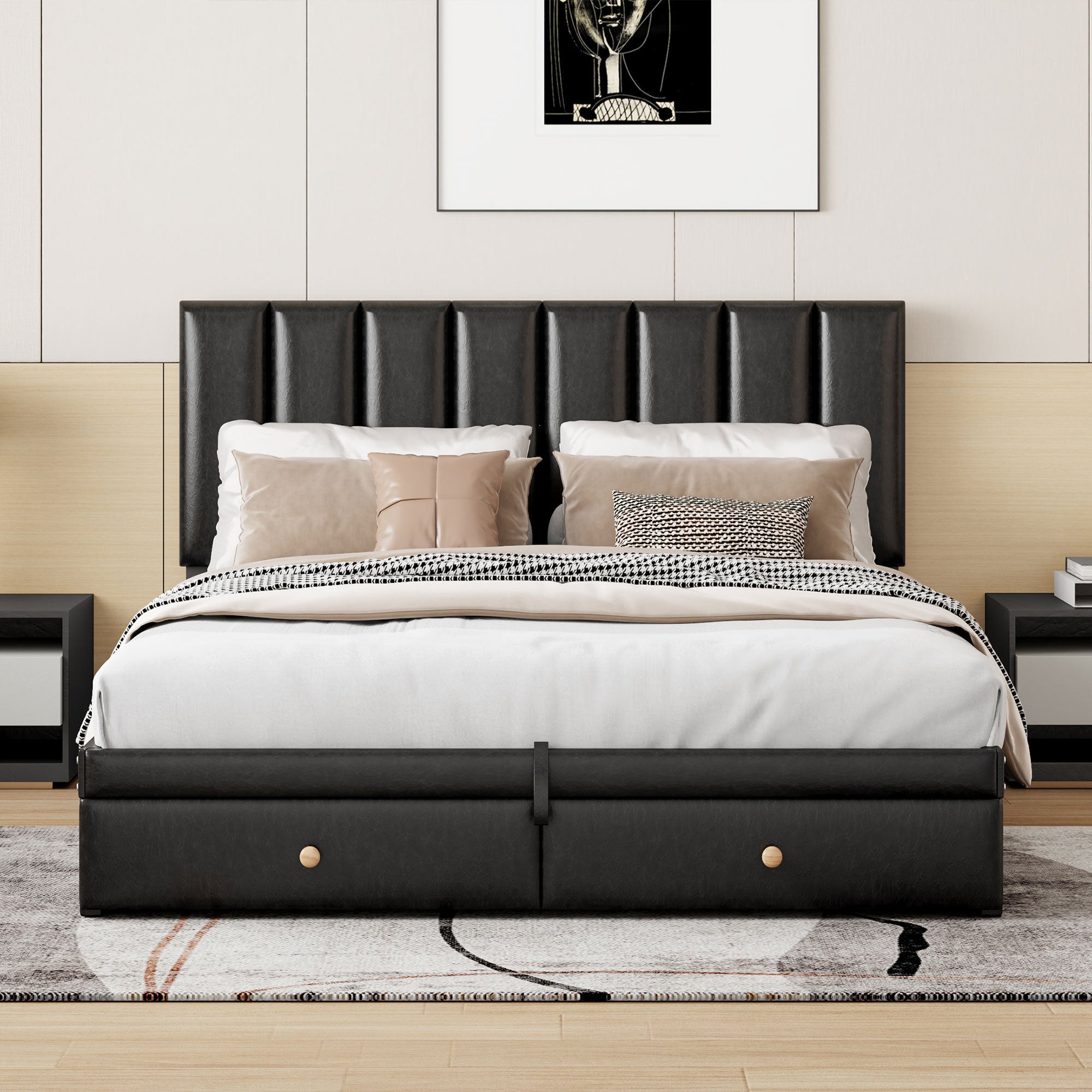 Queen Size Upholstered Bed with Hydraulic Storage System and Drawer, Black - Atlantic Fine Furniture Melbourne FL