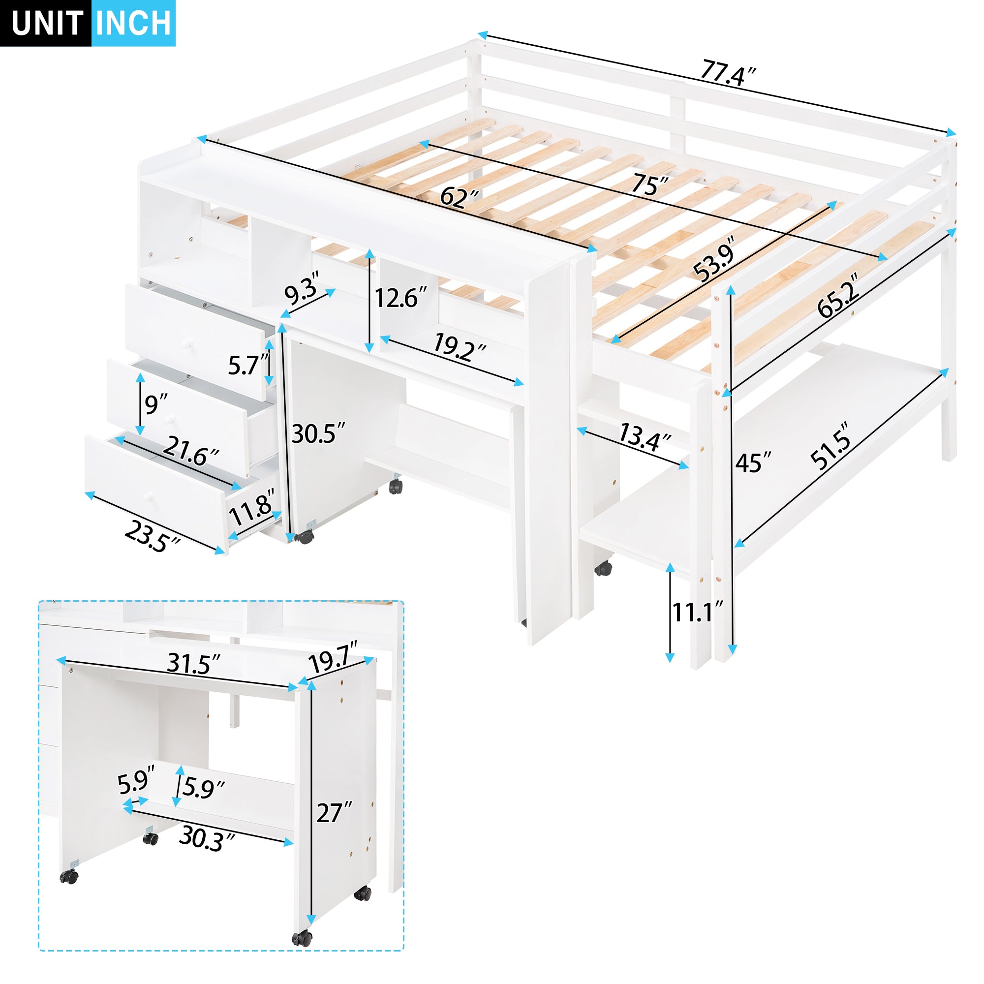 Full Size Low Loft Bed with Rolling Portable Desk, Drawers and Shelves, White(Old SKU: GX000711AAK)