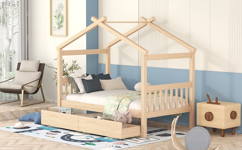 Twin Size Wooden House Bed with Drawers, Natural - Atlantic Fine Furniture Melbourne FL