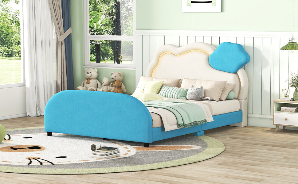 Full Size Upholstered Platform Bed with Cloud-Shaped Headboard and Embedded Light Stripe, Velvet, Blue - Atlantic Fine Furniture Melbourne FL