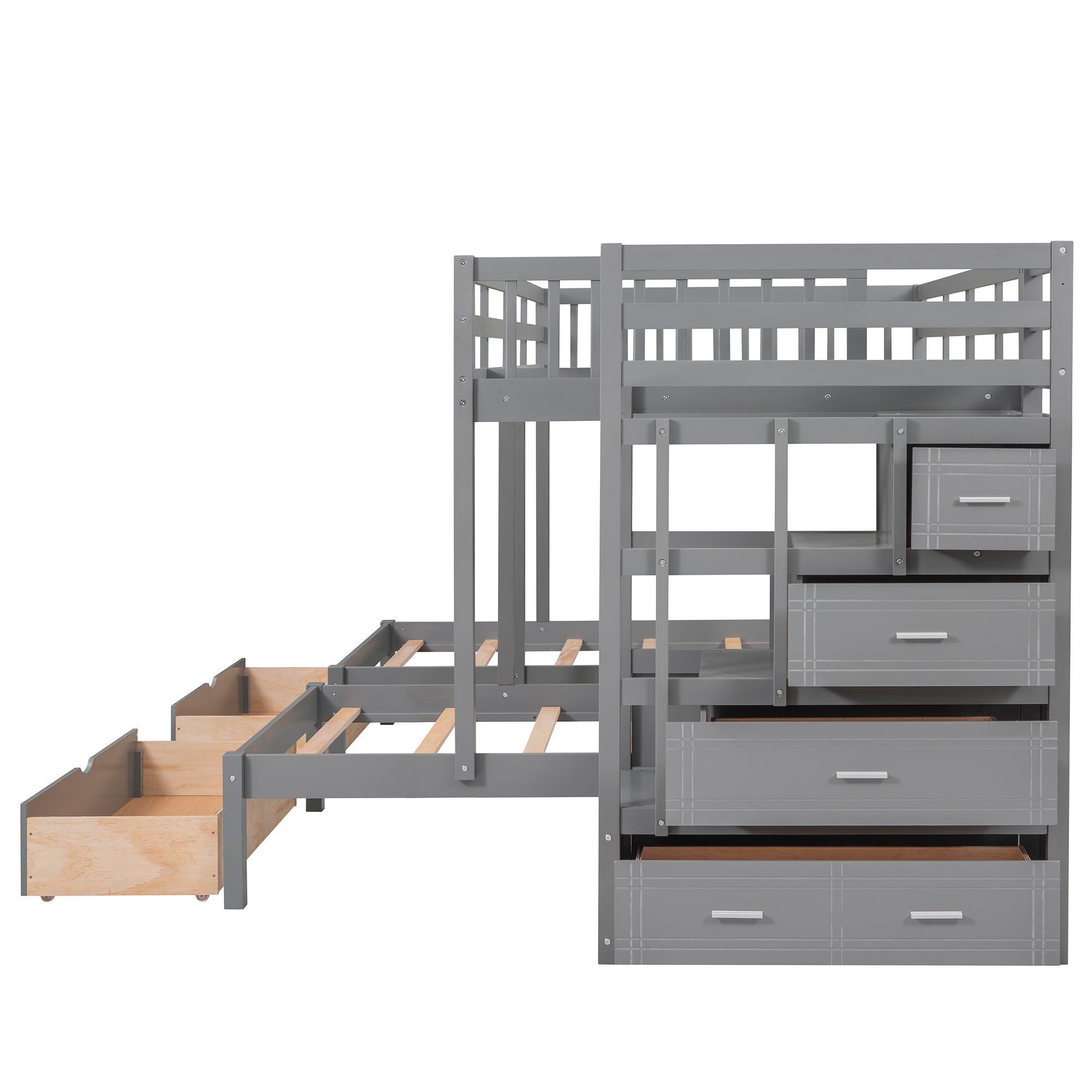 Full Over Twin & Twin Bunk Bed, Wood Triple Bunk Bed with Drawers and Guardrails (Gray) - Atlantic Fine Furniture Melbourne FL