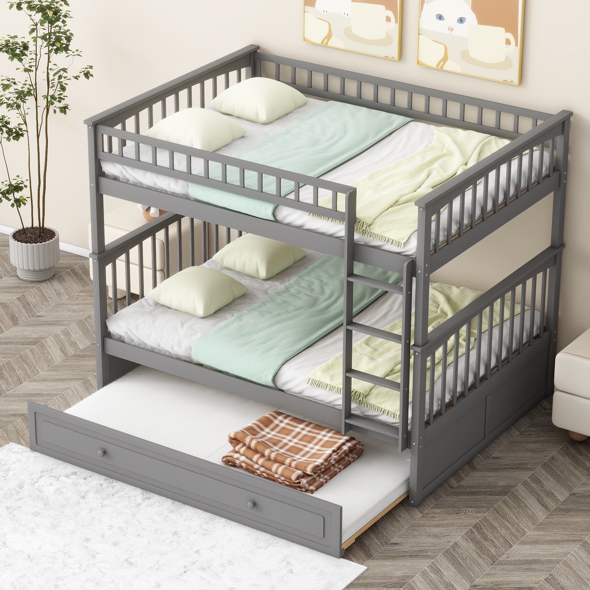 Full over Full Bunk Bed with Twin Size Trundle, Convertible Beds, Gray - Atlantic Fine Furniture Melbourne FL