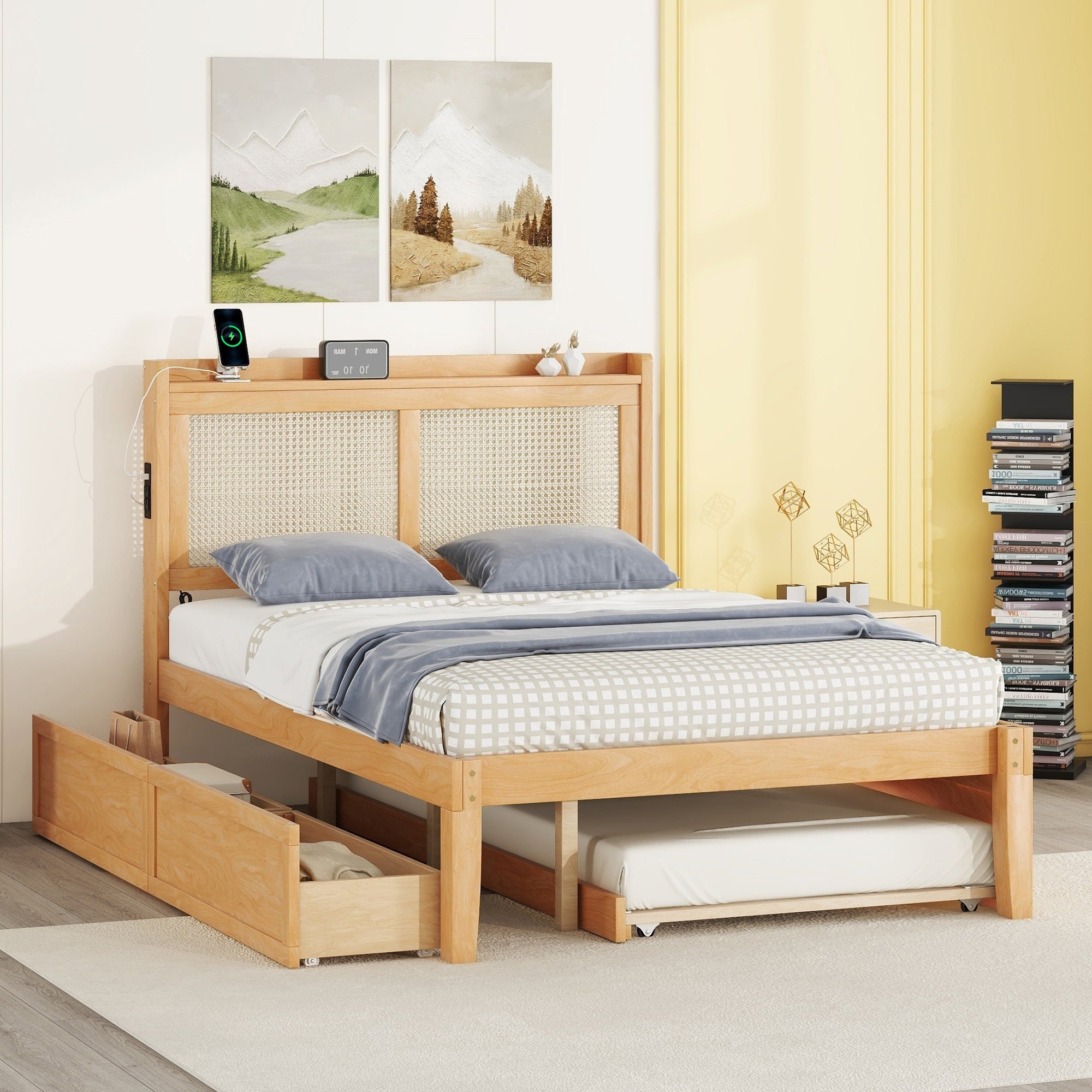 Full Size Elegant Bed Frame with Rattan Headboard and Sockets ,Walnut - Atlantic Fine Furniture Melbourne FL