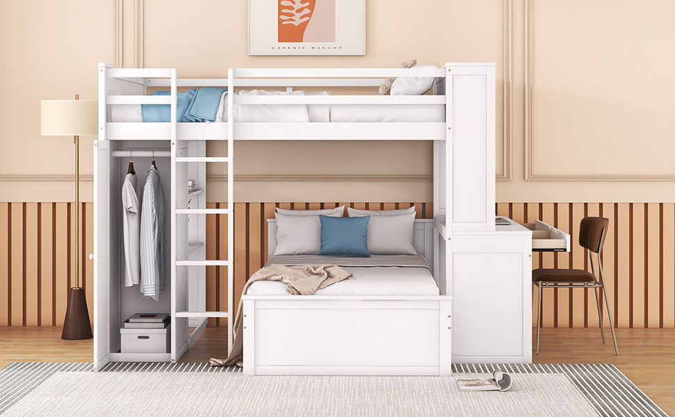 Full size Loft Bed with a twin size Stand-alone bed, Shelves,Desk,and Wardrobe-White