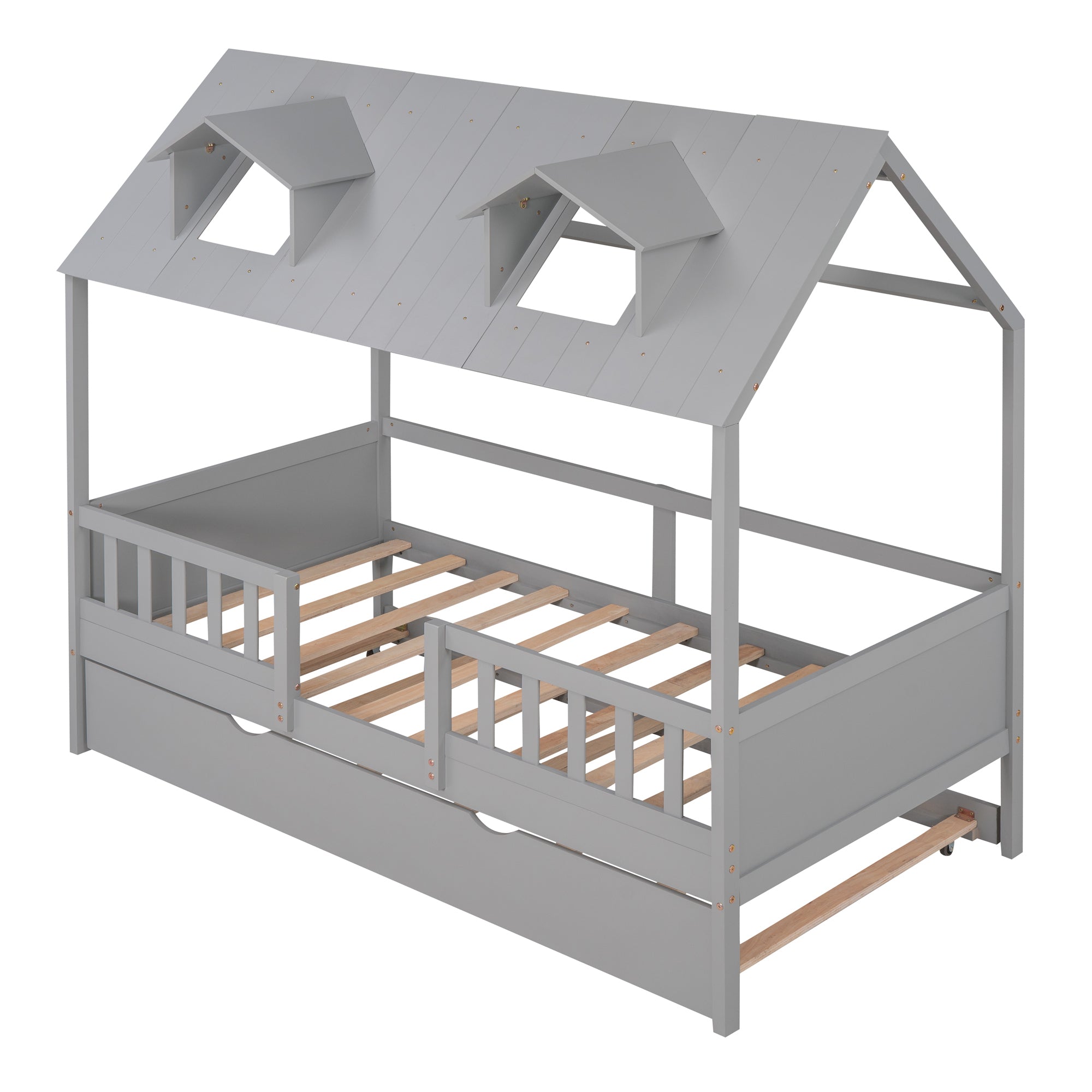 Twin Size House Bed Wood Bed with Twin Size Trundle ( Gray ) - Atlantic Fine Furniture Melbourne FL