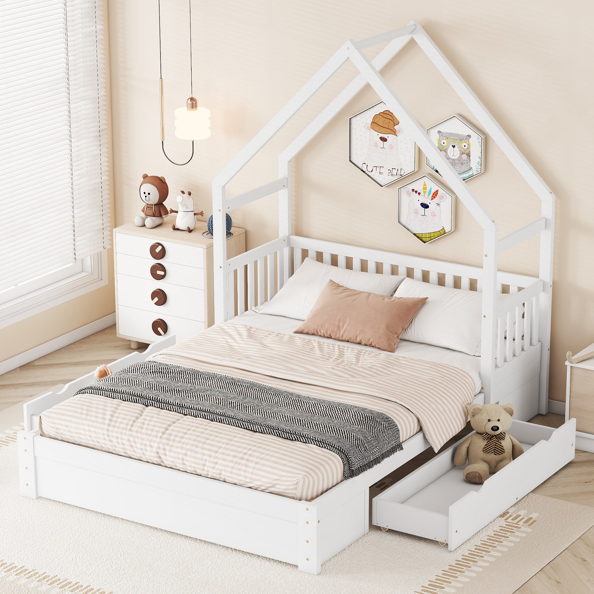 Wood Queen Size House Platform Bed with Guardrail and 2 Drawers, White (Expected Arrival Time:4.26) - Atlantic Fine Furniture Melbourne FL