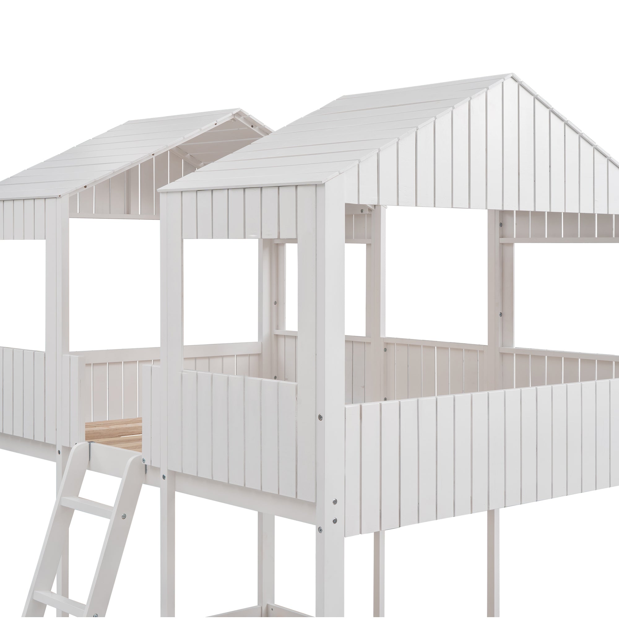 Full Over Full WoodBunk Bed with Roof, Window, Guardrail, Ladder(White)( old sku: LT000031AAK ) - Atlantic Fine Furniture Melbourne FL
