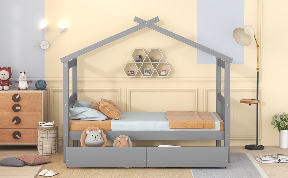 Twin Size Wooden House Bed with Drawers, Gray - Atlantic Fine Furniture Melbourne FL