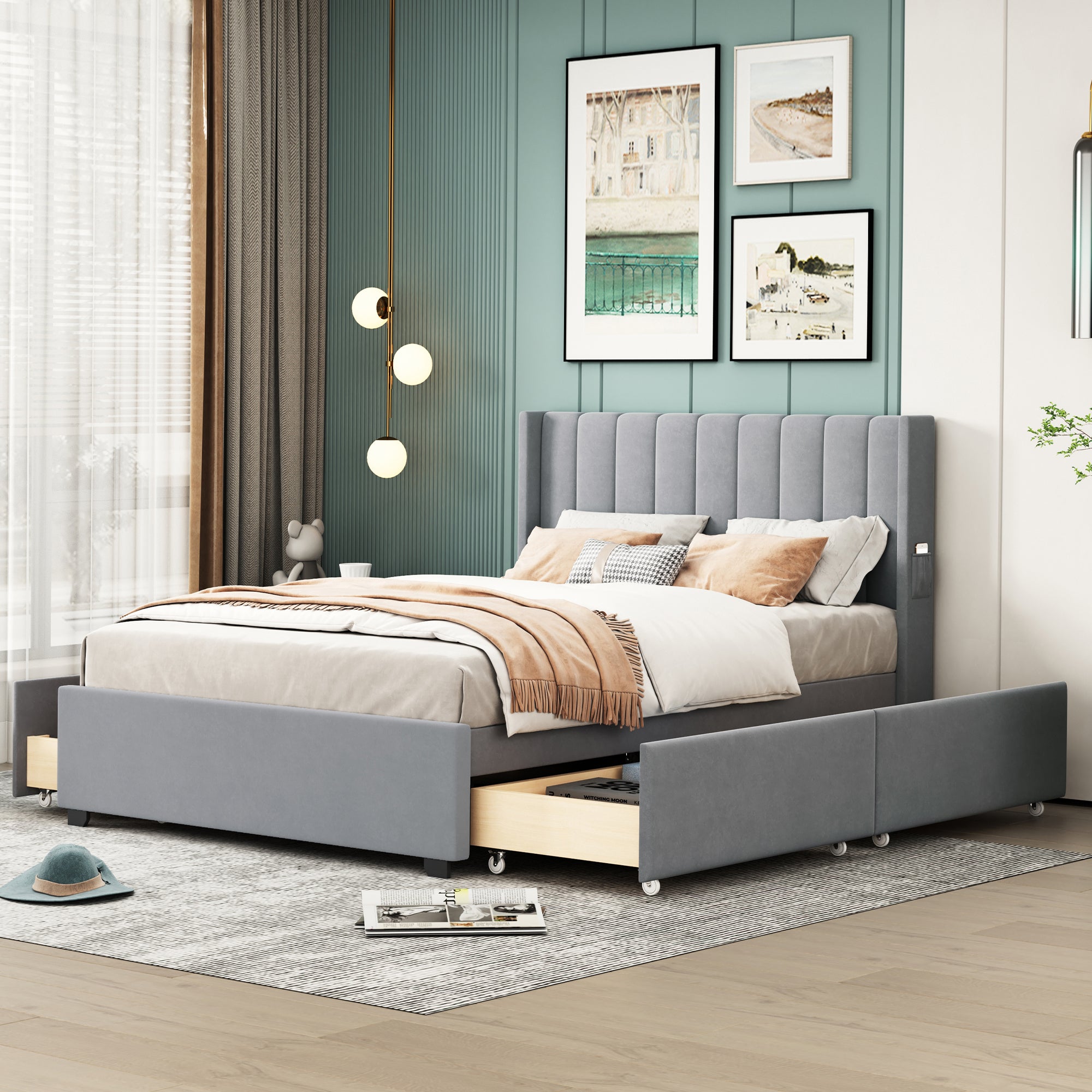 Full Size Upholstered Bed with 4 Drawers, Gray - Atlantic Fine Furniture Melbourne FL