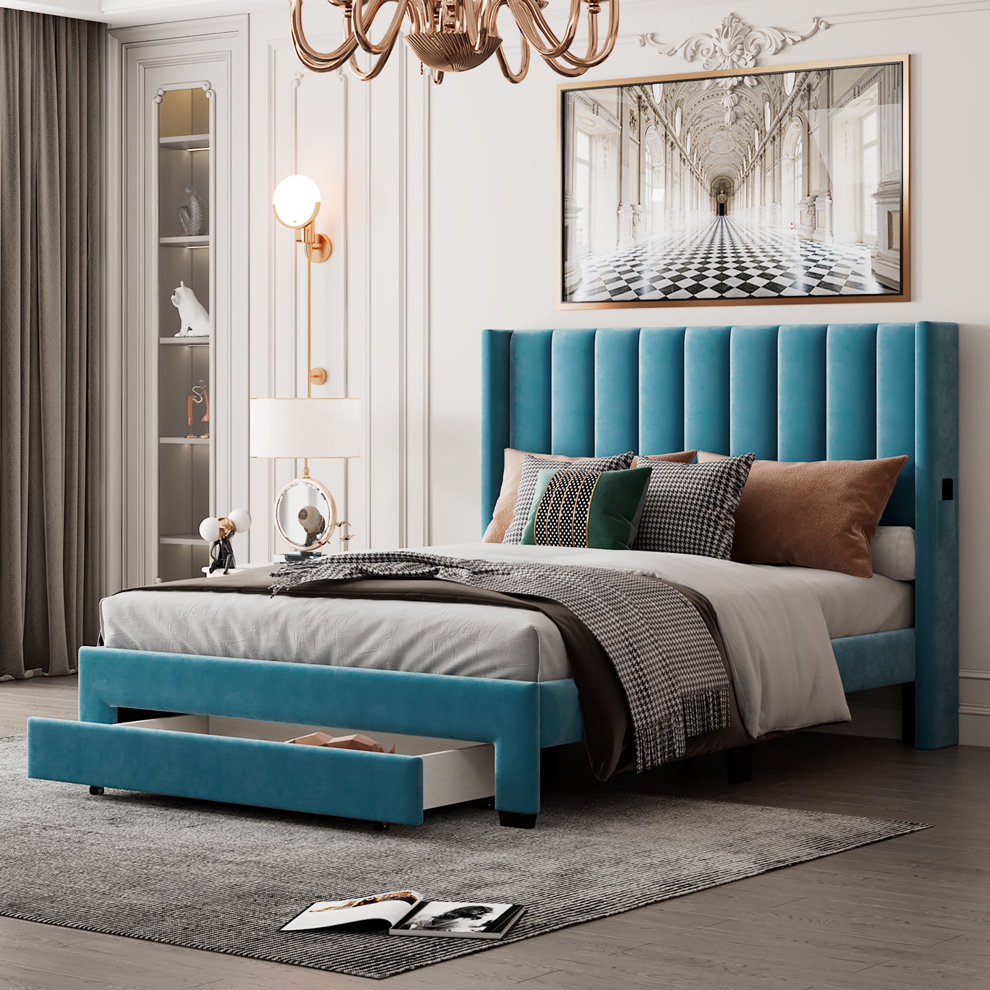 Queen Size Storage Bed Velvet Upholstered Platform Bed with a Big Drawer - Blue - Atlantic Fine Furniture Melbourne FL