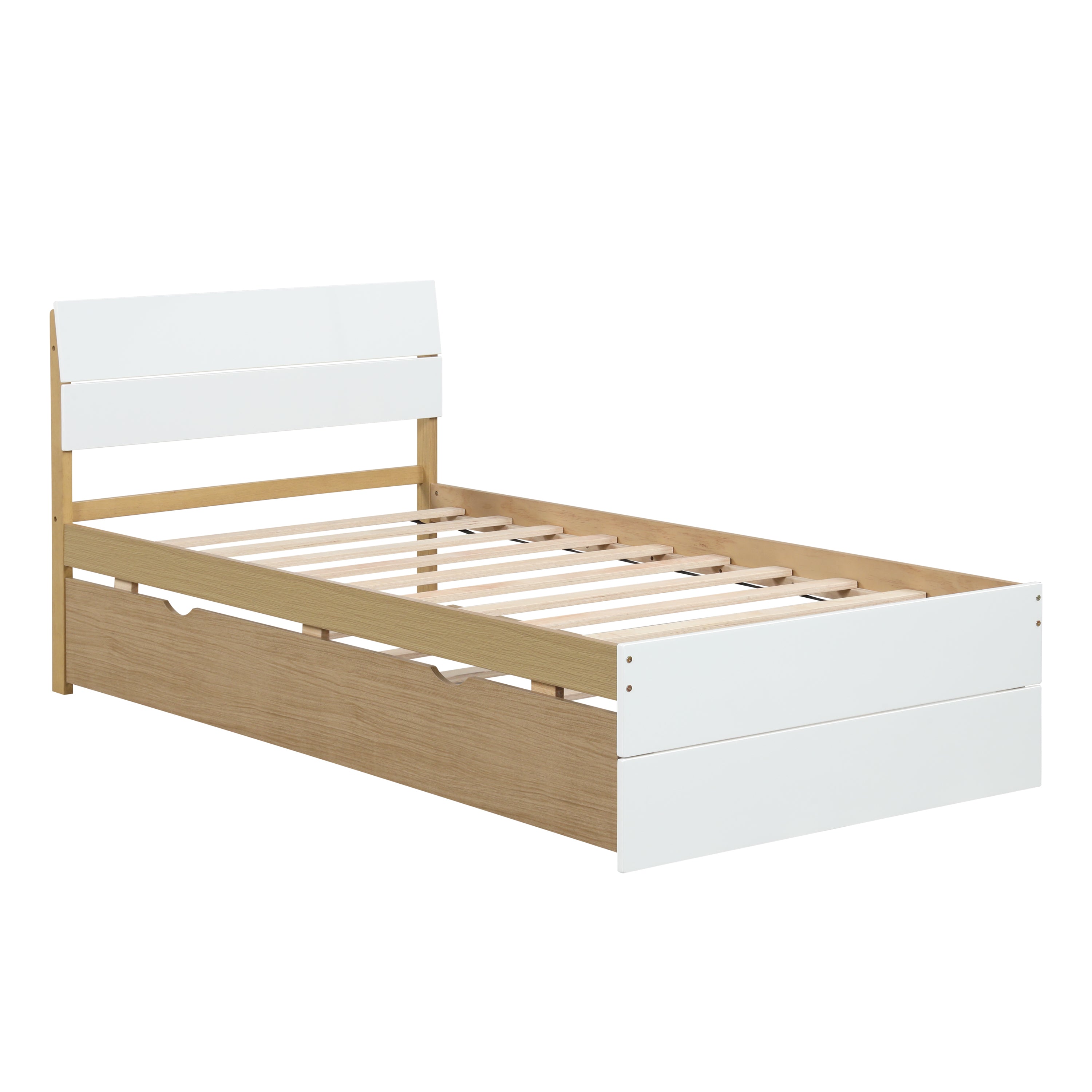 Modern Twin Bed Frame With Trundle For White High Gloss Headboard and Footboard With Light Oak Color - Atlantic Fine Furniture Melbourne FL