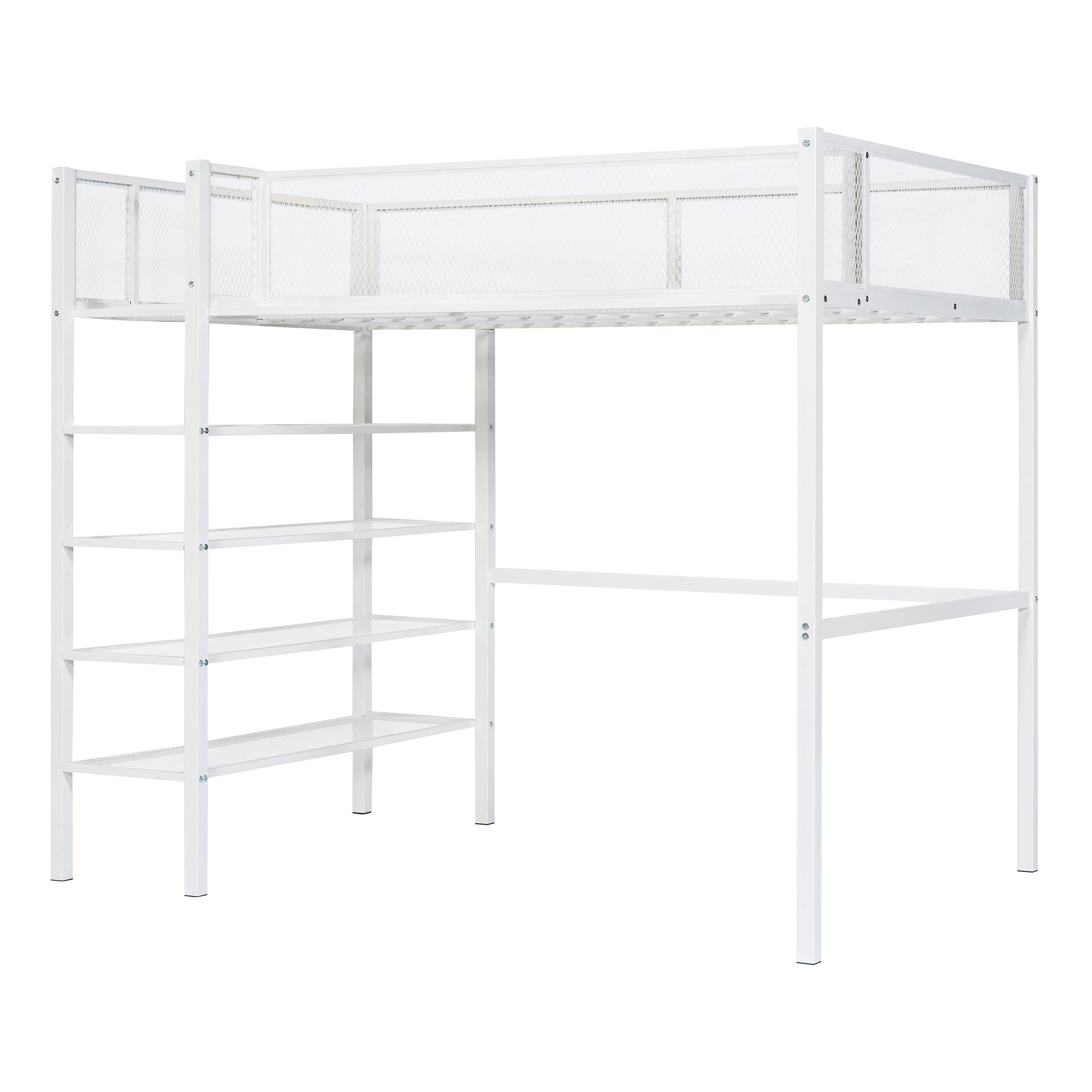 Twin Size Metal Loft Bed with 4-Tier Shelves and Storage, White - Atlantic Fine Furniture Melbourne FL