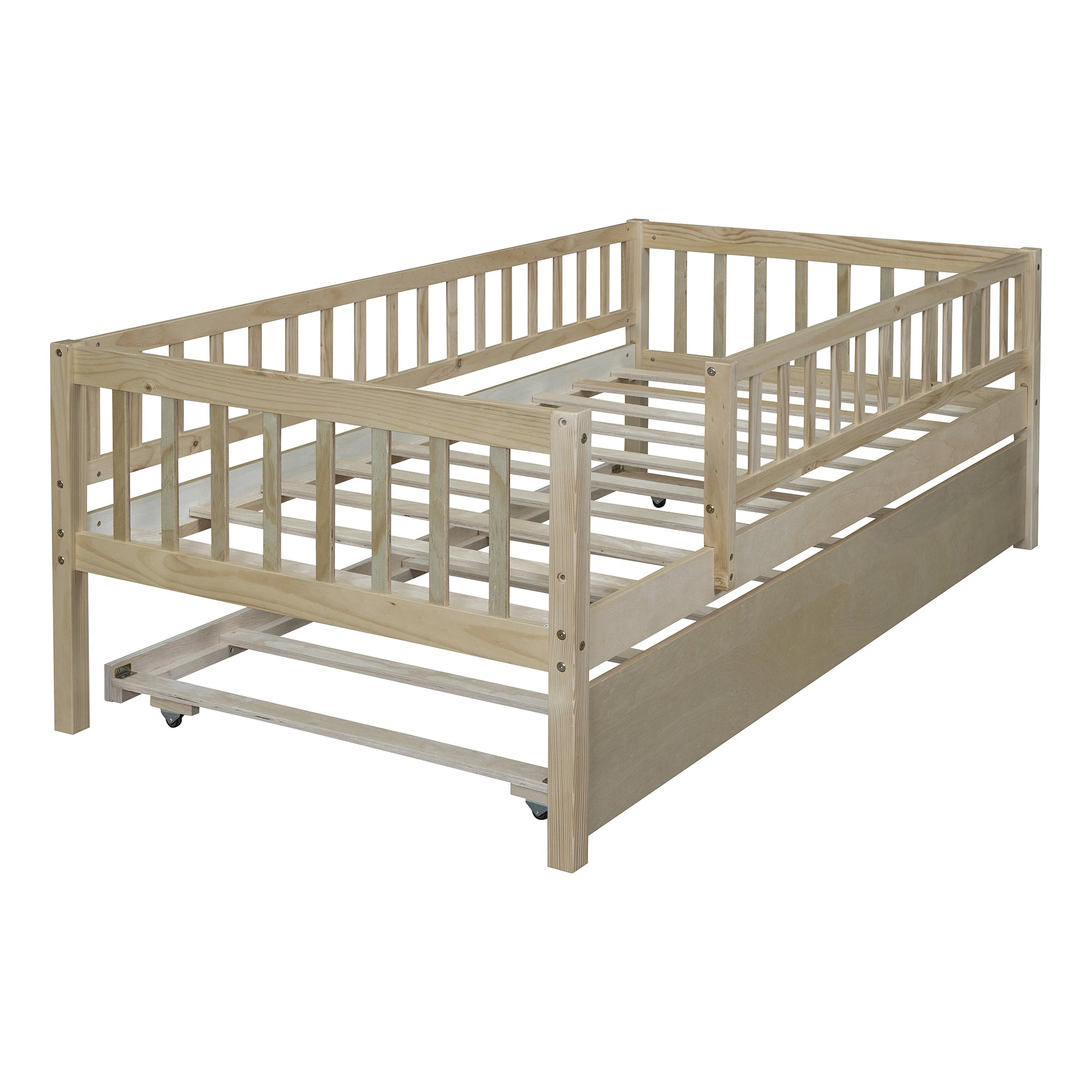 Twin Size Wood Daybed with Trundle and Fence Guardrails, Natural - Atlantic Fine Furniture Melbourne FL