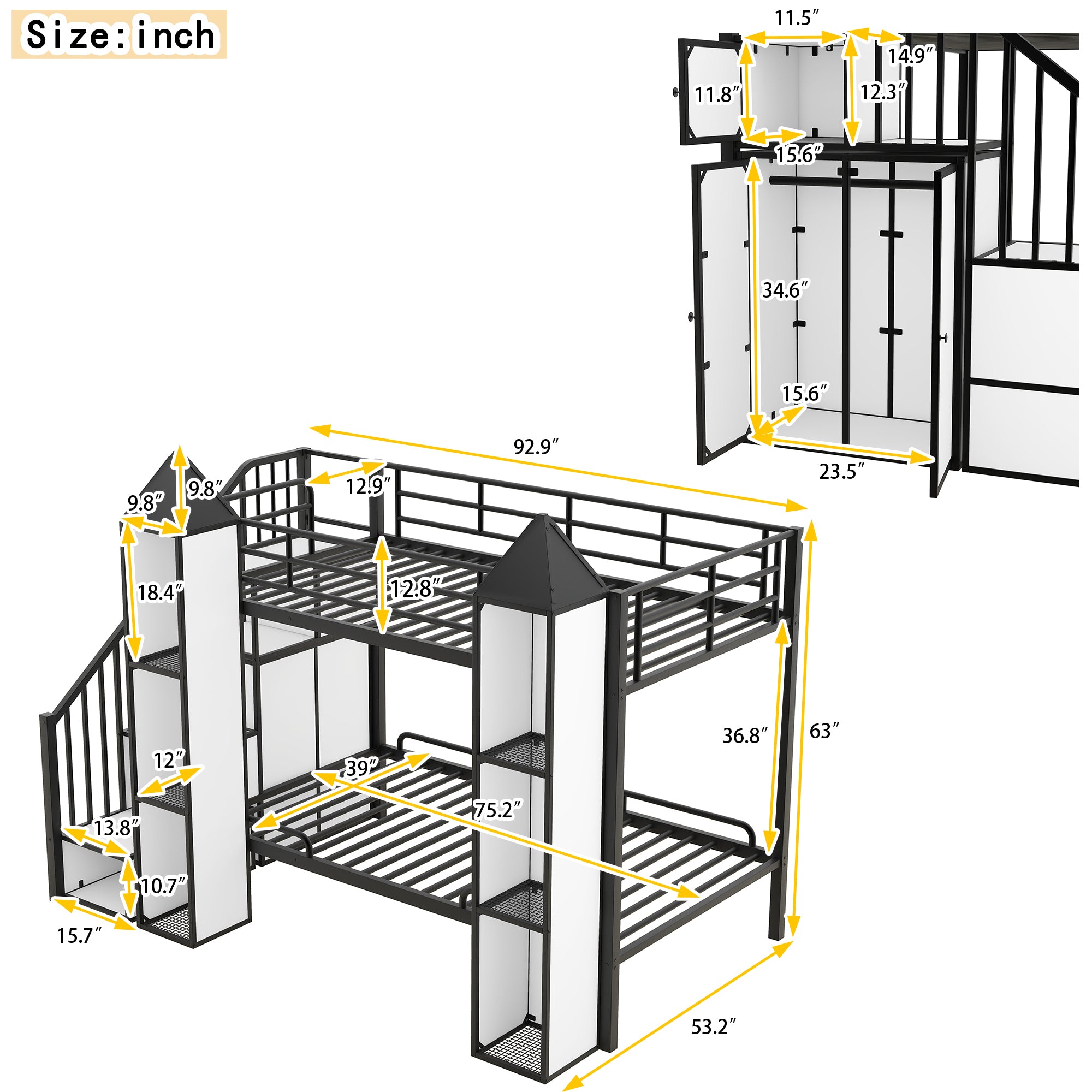 Metal Twin over Twin Castle-shaped Bunk Bed with Wardrobe and Multiple Storage, Black+White - Atlantic Fine Furniture Melbourne FL